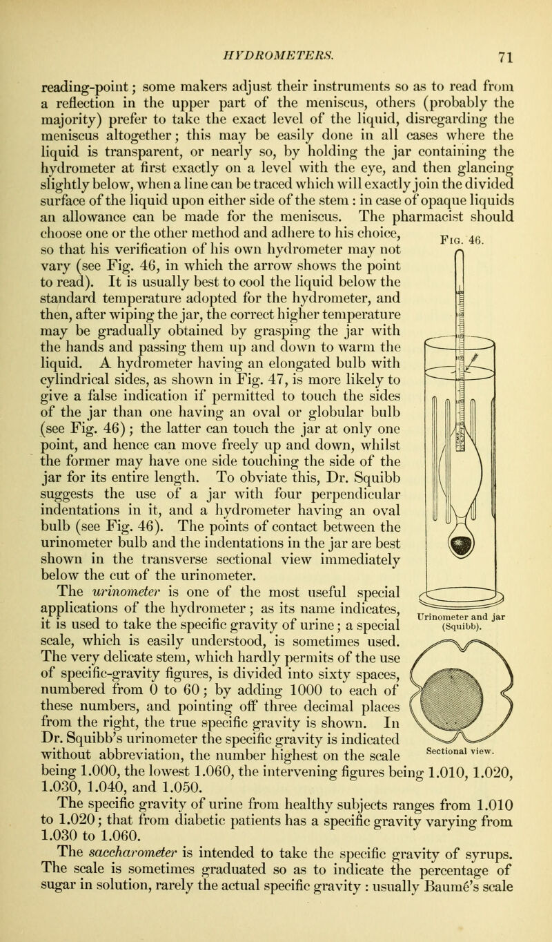 Fig. 46. reading-point; some makers adjust their instruments so as to read from a reflection in tlie upper part of the meniscus, others (probably the majority) prefer to take the exact level of the liquid, disregarding the meniscus altogether; this may be easily done in all cases where the liquid is transparent, or nearly so, by holding the jar containing the hydrometer at first exactly on a level with the eye, and then glancing slightly below, when a line can be traced which will exactly join the divided surface of the liquid upon either side of the stem : in case of opaque liquids an allowance can be made for the meniscus. The pharmacist should choose one or the other method and adliere to his choice, so that his verification of his own hydrometer may not vary (see Fig. 46, in which the arrow shows the point to read). It is usually best to cool the liquid below the standard temperature adopted for the hydrometer, and then, after wiping the jar, the correct higher temperature may be gradually obtained by grasping the jar with the hands and passing them up and down to warm the liquid. A hydrometer having an elongated bulb with cylindrical sides, as shown in Fig. 47, is more likely to give a false indication if permitted to touch the sides of the jar than one having an oval or globular bulb (see Fig. 46); the latter can touch the jar at only one point, and hence can move freely up and down, whilst the former may have one side touching the side of the jar for its entire length. To obviate this. Dr. Squibb suggests the use of a jar with four perpendicular indentations in it, and a hydrometer having an oval bulb (see Fig. 46). The points of contact between the urinometer bulb and the indentations in the jar are best shown in the transverse sectional view immediately below the cut of the urinometer. The uy^inometer is one of the most useful special applications of the hydrometer; as its name indicates, it is used to take the specific gravity of urine; a special scale, which is easily understood, is sometimes used. The very delicate stem, which hardly permits of the use of specific-gravity figures, is divided into sixty spaces, numbered from 0 to 60; by adding 1000 to each of these numbers, and pointing off three decimal places from the right, the true specific gravity is shown. In Dr. Squibb's urinometer the specific gravity is indicated without abbreviation, the number highest on the scale being 1.000, the lowest 1.060, the intervening figures being 1.010, 1.020, 1.030, 1.040, and 1.050. The specific gravity of urine from healthy subjects ranges from 1.010 to 1.020; that from diabetic patients has a specific ecravitv varvins: from 1.030 to 1.060. The saccharometer is intended to take the specific gravity of syrups. The scale is sometimes graduated so as to indicate the percentage of sugar in solution, rarely the actual specific gravity : usually Baum6's scale Urinometer and jar (Squibb). Sectional view.