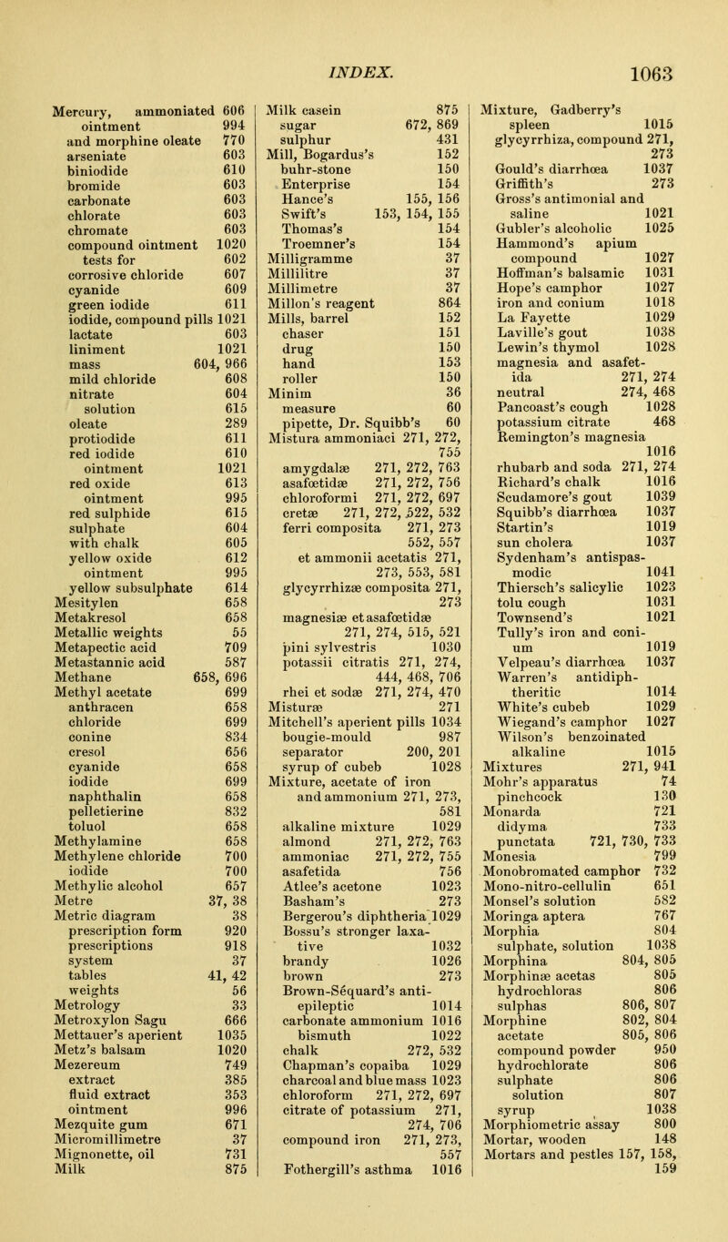 Mercury, ammoniated 606 ointment 994 and morphine oleate 770 arseniate 603 biniodide 610 bromide 603 carbonate 603 chlorate 603 chromate 603 compound ointment 1020 tests for 602 corrosive chloride 607 cyanide 609 green iodide 611 iodide, compound pills 1021 lactate 603 liniment 1021 mass 604, 966 mild chloride 608 nitrate 604 solution 615 oleate 289 protiodide 611 red iodide 610 ointment 1021 red oxide 613 ointment 995 red sulphide 615 sulphate 604 with chalk 605 yellow oxide 612 ointment 995 yellow subsulphate 614 Mesitylen 658 Metakresol 658 Metallic weights 55 Metapectic acid 709 Metastannic acid 587 Methane 658, 696 Methyl acetate 699 anthracen 658 chloride 699 Conine 834 cresol 656 cyanide 658 iodide 699 naphthalin 658 pelletierine 832 toluol 658 Methylamine 658 Methylene chloride 700 iodide 700 Methylic alcohol 657 Metre 37, 38 Metric diagram 38 prescription form 920 prescriptions 918 system 37 tables 41, 42 weights 56 Metrology 33 Metroxylon Sagu 666 Mettauer's aperient 1035 Metz's balsam 1020 Mezereum 749 extract 385 fluid extract 353 ointment 996 Mezquite gum 671 Micromillimetre 37 Mignonette, oil 731 Milk 875 Milk casein 875 sugar 672, 869 sulphur 431 Mill, Bogardus's 152 buhr-stone 150 Enterprise 154 Hance's 155, 156 Swift's 153, 154, 155 Thomas's 154 Troemner's 154 Milligramme 37 Millilitre 37 Millimetre 37 Millon's reagent 864 Mills, barrel chaser 152 151 drug 150 hand 153 roller 150 Minim 36 measure 60 pipette. Dr. Squibb's 60 272, Mistura ammoniaci 271, 755 amygdalae 271, 272, 763 asafoetidae 271, 272, 756 chloroformi 271, 272, 697 cretae 271, 272, 522, 532 ferri composita 271, 273 552 557 et ammonii acetatis 271, 273 553 581 glycyrrhizae composita 271, 273 magnesiae etasafcetidae 271, 274, 515, 521 pini sylvestris 1030 potassii citratis 271, 274, 444, 468, 706 rhei et sodae 271, 274, 470 Misturse 271 Mitchell's aperient pills 1034 bougie-mould 987 separator 200, 201 syrup of cubeb 1028 Mixture, acetate of iron and ammonium 271, 273, 581 alkaline mixture 1029 almond 271, 272, 763 ammoniac 271, 272, 755 asafetida 756 Atlee's acetone 1023 Basham's 273 Bergerou's diphtheria'1029 Bossu's stronger laxa- tive 1032 brandy 1026 brown 273 Brown-S6quard's anti- epileptic 1014 carbonate ammonium 1016 bismuth 1022 chalk 272, 532 Chapman's copaiba 1029 charcoal and blue mass 1023 chloroform 271, 272, 697 citrate of potassium 271, 274, 706 compound iron 271, 273, 557 Fothergill's asthma 1016 Mixture, Gadberry's spleen 1015 glycyrrhiza, compound 271, 273 Gould's diarrhoea 1037 Griffith's 273 Gross's antimonial and saline 1021 Gubler's alcoholic 1025 Hammond's apium compound 1027 Hoffman's balsamic 1031 Hope's camphor 1027 iron and conium 1018 La Fayette 1029 Laville's gout 1038 Lewin's thymol 1028 magnesia and asafet- ida 271, 274 neutral 274, 468 Pancoast's cough 1028 potassium citrate 468 Remington's magnesia 1016 rhubarb and soda 271, 274 Richard's chalk 1016 Scudamore's gout 1039 Squibb's diarrhoea 1037 Startin's 1019 sun cholera 1037 Sydenham's antispas- modic 1041 Thiersch's salicylic 1023 tolu cough 1031 Townsend's 1021 Tully's iron and coni- um 1019 Velpeau's diarrhoea 1037 Warren's antidiph- theritic 1014 White's cubeb 1029 Wiegand's camphor 1027 Wilson's benzoinated alkaline 1015 Mixtures 271, 941 Mohr's apparatus 74 pinchcock 130 Monarda 721 didyma 733 punctata 721, 730, 733 Monesia 799 Monobromated camphor 732 Mono-nitro-cellulin 651 Monsel's solution 582 Moringa aptera 767 Morphia 804 sulphate, solution 1038 Morphina 804, 805 Morphinae acetas 805 hydrochloras 806 sulphas 806, 807 Morphine 802, 804 acetate 805, 806 compound powder 950 hydrochlorate 806 sulphate 806 solution 807 syrup 1038 Morphiometric assay 800 Mortar, wooden 148 Mortars and pestles 157, 158, 159