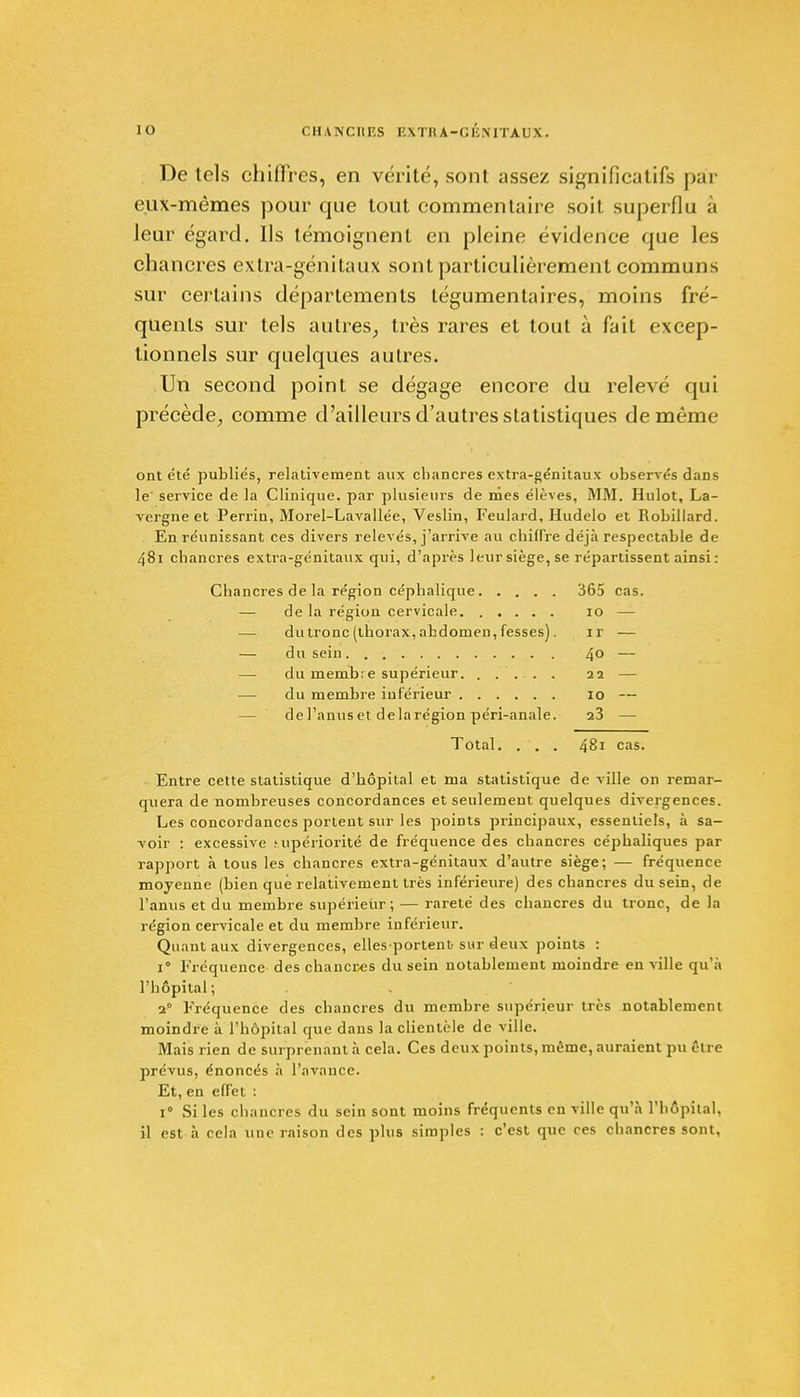 De tels chiffres, en vérité, sont assez significatifs par eux-mêmes pour que tout commentaire soit superflu à leur égard. Ils témoignent en pleine évidence que les chancres extra-génitaux sont particulièrement communs sur certains départements légumentaires, moins fré- quents sur tels autres, très rares et tout à fait excep- tionnels sur quelques autres. Un second point se dégage encore du relevé qui précède., comme d'ailleurs d'autres statistiques de môme ont été publiés, relativement aux chancres extra-génitaux observés dans le' service de la Clinique, par plusieurs de mes élèves, MM. Hulot, La- vergne et Perrin, Morel-Lavallée, Veslin, Feulard, Hudelo et Robillard. En réunissant ces divers relevés, j'arrive au chiffre déjà respectable de 481 chancres extra-génitaux qui, d'après leur siège, se répartissent ainsi : Chancres de la région céphalique 365 cas. — de la région cervicale 10 — — du tronc (thorax, abdomen, fesses). ir — — du sein 4° — — du membre supérieur. ...... 22 — — du membre inférieur 10 — — de l'anus et delarégion péri-anale. 23 — Total. . . . 481 cas. Entre cette statistique d'hôpital et ma statistique de ville on remar- quera de nombreuses concordances et seulement quelques divergences. Les concordances portent sur les points principaux, essentiels, à sa- voir : excessive mpériorité de fréquence des chancres céphaliques par rapport à tous les chancres extra-génitaux d'autre siège; — fréquence moyenne (bien que relativement très inférieure) des chancres du sein, de l'anus et du membre supérieur; — rareté des chancres du tronc, de la région cervicale et du membre inférieur. Quant aux divergences, elles portent sur deux points : i° Fréquence des chaneces du sein notablement moindre en ville qu'à l'hôpital; 20 Fréquence des chancres du membre supérieur très notablement moindre à l'hôpital que dans la clientèle de ville. Mais rien de surprenant à cela. Ces deux points, même, auraient pu être prévus, énoncés à l'avance. Et, en effet : i° Si les chancres du sein sont moins fréquents en ville qu'à l'hôpital, il est à cela une raison des plus simples : c'est que ces chancres sont,