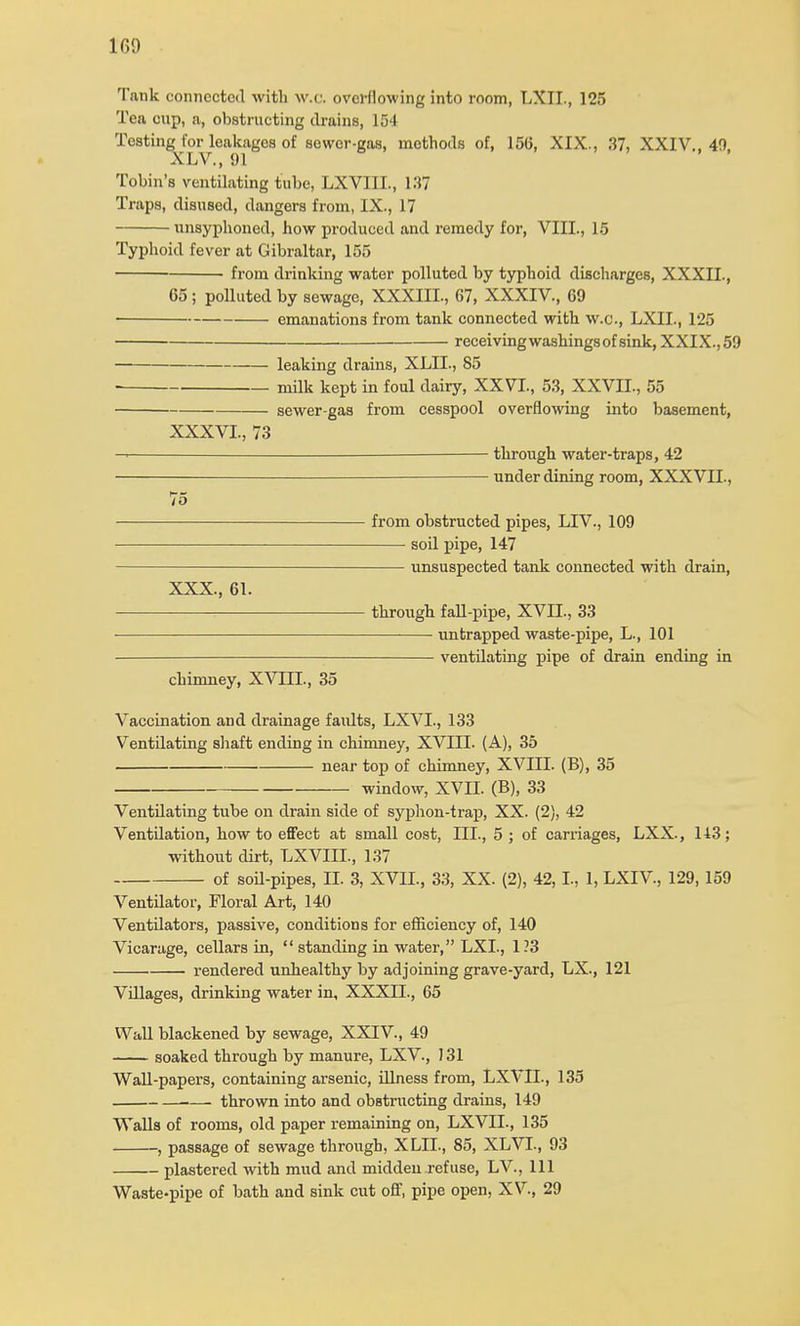 Tank connected with w.c. overflowing into room, LXIL, 125 Tea cup, a, obstructing drains, 154 Testing for leakages of sewer-gas, methods of, 15(5, XIX., 37, XXIV., 40, X IjV. , 91 Tobin's ventilating tube, LXVIIL, 137 Traps, disused, dangers from, IX., 17 unsyphoned, how produced and remedy for, VIII., 15 Typhoid fever at Gibraltar, 155 ■ from drinking water polluted by typhoid discharges, XXXII., 65 ; polluted by sewage, XXXIII., 67, XXXIV., 69 . emanations from tank connected with w.c, LXIL, 125 receiving washings of sink, XXIX., 59 leaking drains, XLIL, 85 ■ milk kept in foul dairy, XXVI., 53, XXVII., 55 sewer-gas from cesspool overflowing into basement, XXXVL, 73 — through water-traps, 42 under dining room, XXXVII., 75 from obstructed pipes, LIV., 109 ■ ■ soil pipe, 147 unsuspected tank connected with drain, XXX., 61. through fall-pipe, XVLL, 33 ■ untrapped waste-pipe, L., 101 ventilating pipe of drain ending in chimney, XVIIL, 35 Vaccination and drainage faults, LXVL, 133 Ventilating shaft ending in chimney, XVIIL (A), 35 near top of chimney, XVIIL (B), 35 window, XVII. (B), 33 Ventilating tube on drain side of syphon-trap, XX. (2), 42 Ventilation, how to effect at small cost, III., 5 ; of carriages, LXX., 143; without dirt, LXVIIL, 137 of soil-pipes, II. 3, XVIL, 33, XX. (2), 42,1., 1, LXIV, 129, 159 Ventilator, Floral Art, 140 Ventilators, passive, conditions for efficiency of, 140 Vicarage, cellars in, standing in water, LXL, 1?3 rendered unhealthy by adjoining grave-yard, LX., 121 Villages, drinking water in, XXXIL, 65 Wall blackened by sewage, XXIV., 49 soaked through by manure, LXV., 131 Wall-papers, containing arsenic, illness from, LXVIL, 135 thrown into and obstructing drains, 149 Walls of rooms, old paper remaining on, LXVIL, 135 , passage of sewage through, XLIL, 85, XLVI., 93 plastered with mud and midden refuse, LV, 111 Waste-pipe of bath and sink cut off, pipe open, XV., 29