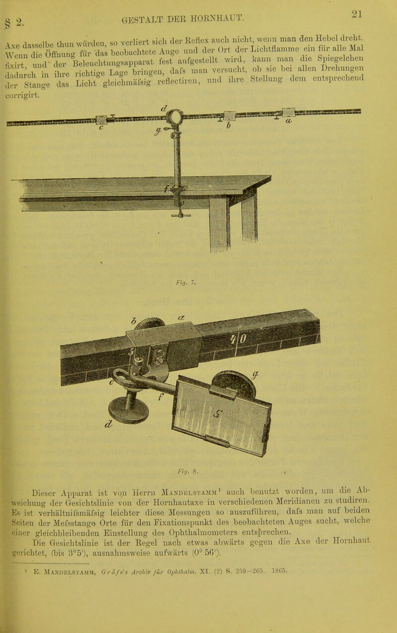 § 2. ^xe dasselbe thun w.u-aen, so verliert sich der Reriex auch mcht we.in man den Hebel dreht Wenn S Öffnung für das beobachtete Auge und der Ort der Lichtflanime ein für alle Mal fixht imd cler Beleuchtungsapparat fest aufgestellt ^v^•d. kann n.an die Sp^egelchen datoch hl ihre richtige Lage bringen, dafs nian versucht, ob sie bei allen Drehungen fku Stange das Licht gleicinnäfsig reflectirou, und ihre Stellung dem entsprechend corrigirt. Fig. 7. Fit,. 8. Dieser Apparat ist von Herrn Mandblstamm^ aucli benutzt worden, um die Ab- weichung der Gesichtslinie von der Hornhautaxe in verschiedenen Meridianen zu studiren. Ks ist verhältnifsmäfsig leichter diese Messungen so auszuführen, dafs man auf beiden Seiten der Mefsstange Orte für den Fixationspunkt des beobachteten Auges sucht, welche incr gleichbleibenden Einstellung des Ophthalmometers entsjbrechen. Die Gesichtslinie ist der Regel nach etwas abwärts gegen die Axe der Hornhaut -';nchtet, (bis 3 5'), ausnahmsweise aufwärts (0 56'). ' E. Maxuklstajim, Grü/e'.i Archiv Jür Ophtltctlm. XI. (2) S. •259—2(15. 1SC5.