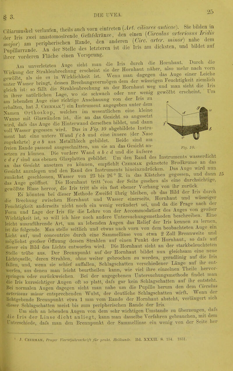 Cili.vmuskel verlaufen, theils auch vorn eintreten [Art. eilkms ardica<^ Sie bilden in l '4 anastomosirende.Goföfskr^ den einen {C^rc^ü,iS c^U^nosu. Ir><^.. «yo a peripherisclien Rande, den anderen (CVrc. a>|rr .»^nor) nahe dem i^)illarrande! An der Stelle des letzteren ist die Iris am dicksten, und bildet auf iliver vorderen Fläche einen Yorsprung. Km unverletzten Auge sieht man die Iris durch die Hornhaut Durch die Wirkm • d • Strahlenbrechung erscheint sie der Hornhaut naher also mein; nach voni ae völb^ als sie es in Wirklichkeit ist. Wenn man dagegen das Auo^_ einer Le che Ser Wasser bringt, dessen Brechungsvermögen dem der wässngen Feuchtigkei zremkch ö ekh sT: so fällt die Strahlenbrechung an der Hornhaut weg und man sieht die In fn ihrer natürlichen Lage, wo sie schwach oder nur wenig gewölbt erscheint. Um am lebenden Auge eine richtige Anschauung von der Ins zu erhalten, hat J. CzermakO ein Instrument angegeben unter dem Namen 'Orthoskop, welches im wesentlichen eine kleine Wanne mit Glaswänden ist, die an das Gesicht so angesetzt wird dafs das Auge die Hinterwand derselben bildet, und dann voll Wasser gegossen wd. Das in Fi(j. 10 abgebildete Instru- ment hat eine untere Wand /'cft und eine innere (der Nase zugekehrte) g ah aus Metallblech gebildet. Beide sind am freien Rande passend ausgeschnitten, um sie an das Gesicht an- setzen zu können. Die vordere Wand ah cd und die äufsere cdef sind aus ebenen Glasplatten gebildet. Um den Rand des Instruments wasserdicht an das Gesicht ansetzen zu können, empfiehlt Czebhak geknetete Brodkrume _ an das Gesicht anzulegen und den Rand des Instruments hineinzudrücken. Das Auge wird nun zunächst geschlossen, Wasser von 23 bis 26 « R. in das Kästchen gegossen, und dann das Auo-e o-eöffnet. Die Hornhaut tritt von der Seite gesehen als eine durchsichtige, aewölbt^e Blase hervor, die Iris tritt als ein fast ebener Vorhang von ihr zurück. Es könnten bei dieser Methode Zweifel übrig bleiben, ob das Bild der Ins durch ,lie Brechung zwischen Hornhaut und Wasser einerseits, Hornhaut und wassnger Feuchtigkeit anderseits nicht noch ein wenig verändert sei, und da die Frage nach der Form und Lage der Iris für die Lehre von der Accommodatioii des Auges von groiser Wichtigkeit ist, so will ich hier noch andere Untersuchungsmethoden beschreiben. Eine leicht auszuführende Art, um an lebenden Augen das Relief der Iris kennen zu lernen, ist die folgende. Man stelle seitlich und etwas nach vorn von dem beobachteten Auge em Licht auf, und conceiitrire durch eine Sammellinse von etwa 2 Zoll Brennweite und möghchst grofser Öffnung dessen Strahlen auf einen Punkt der Hornhaut, so dafs aut dieser ein Bild des Lichts entworfen wird. Die Hornhaut sieht an der starkbeleuchteten Stelle trübe aus. Der Brennpunkt auf der Hornhaut bildet nun gleichsam eine neue Lichtquelle, deren Strahlen, ohne weiter gebrochen zu werden, geradlinig auf die Ins fallen, und, wenn sie schief auffallen, Schlagschatten verschiedener Länge auf ihr ent- werfen, aus denen man leicht beurtheilen kann, wie viel ihre einzelnen Theile hervor- springen oder zurückweichen. Bei der angegebenen Untersuchungsmethode findet man die Iris kurzsichtiger Augen oft so platt, dafs gar kein Schlagschatten auf ihr entsteht. Bei normalen Augen dagegen sieht man nahe um die Pupille herum den dem Circultis arteriosus minor entsprechenden Wulst, der deutliche Schlagschatten wirft. Wenn tler lichtgebende Brennpunkt etwa 1 mm vom Rande der Hornhaut absteht, verlängert sich 'lieser Schlagschatten meist Iiis zum peripherischen Rande der Iris. Um sich an lebenden Augen von dem sehr wichtigen Umstände zu überzeugen, dafs die Iris der Linse dicht anliegt, kann man dasselbe Verfahren gebrauchen, mit dem Unterschiede, dafs man den Brennpunkt der Sammellinse ein wenig von der Seite her .1. CZEUMAK, Piwjer Vierleljahnschri/t für prakl. Heilkunde. IUI. XXXII. S. l.'il. ISöl.