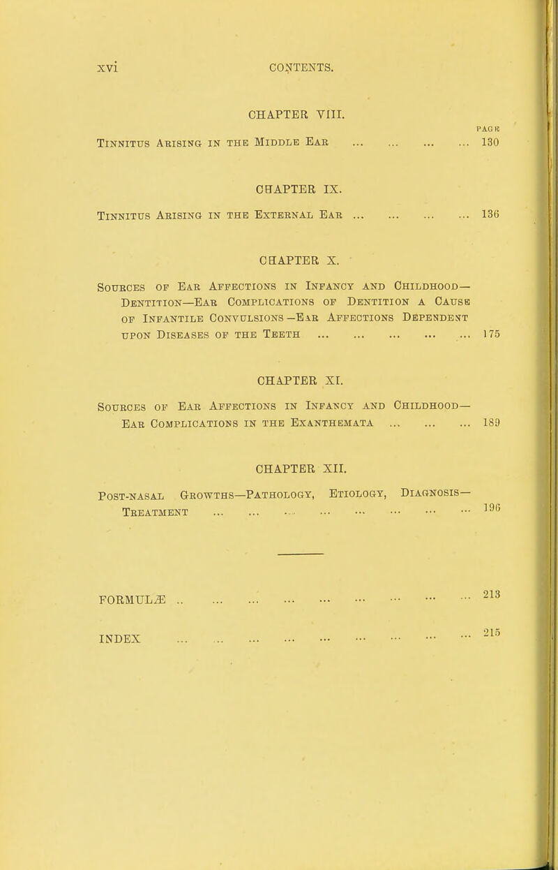 CHAPTER VIII. PAGR Tinnitus Arising in the Middle Ear 130 CHAPTER IX. Tinnitus Arising in the External Ear 136 CHAPTER X. Sources of Ear Affections in Infancy and Childhood- Dentition—Ear Complications of Dentition a Cause of Infantile Convulsions —Ear Affections Dependent upon Diseases of the Teeth 175 CHAPTER XI. Sources of Ear Affections in Infancy and Childhood- Ear Complications in the Exanthemata 189 CHAPTER XII. Post-nasal Growths—Pathology, Etiology, Diagnosis- Treatment 19(5 FORMULAE INDEX 213 215