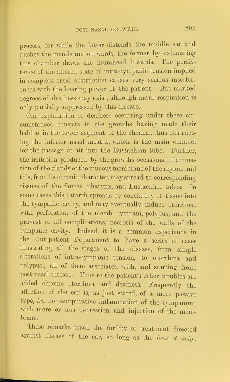 process, for while the latter distends the middle ear and pushes the membrane outwards, the former by exhausting this chamber draws the drumhead inwards. The persis- tence of the altered state of intra-tympanic tension implied in complete nasal obstruction causes very serious interfer- ences with the hearing power of the patient. But marked degrees of deafness may exist, although nasal respiration is only partially suppressed by this disease. One explanation of deafness occurring under these cir- cumstances consists in the growths having made their habitat in the lower segment of the choanee, thus obstruct- ing the inferior nasal meatus, which is the main channel for the passage of air into the Eustachian tube. Further, the irritation produced by the growths occasions inflamma- tion of the glands of the mucous membrane of the region, and this, from its chronic character, may spread to corresponding tissues of the fauces, pharynx, and Eustachian tubes. In some cases this catarrh spreads by continuity of tissue into the tympanic cavity, and may eventually induce otorrhcea, with perforation of the memb. tympani, polypus, and the gravest of all complications, necrosis of the walls of the tympanic cavity. Indeed, it is a common experience in the Out-patient Department to have a series of cases illustrating all the stages of the disease, from simple alterations of intra-tympanic tension, to otorrhcea and polypus; all of them associated with, and starting from, post-nasal disease. Thus to the patient's other troubles are added chronic otorrhcea and deafness. Frequently the affection of the ear is, as just stated, of a more passive type, i.e., non-suppurative inflammation of the tympanum, with more or less depression and injection of the mem- brane. These remarks teach the futility of treatment directed against disease of the ear, so long as the fons at origo
