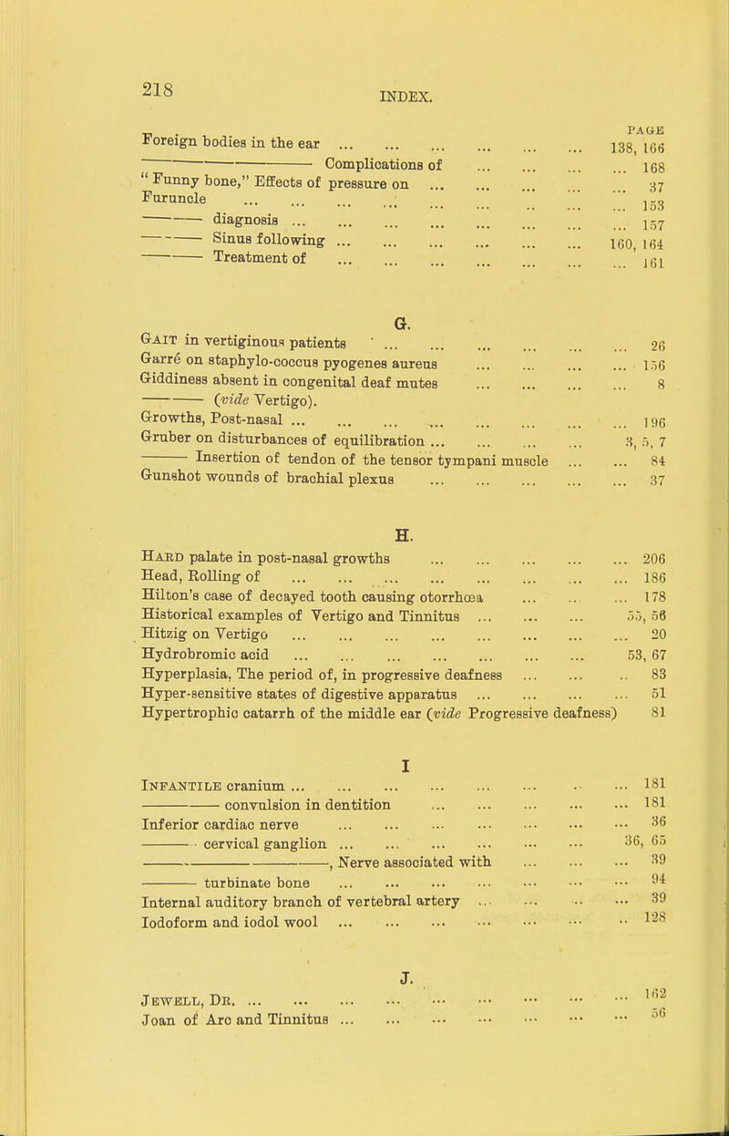 INDEX. _ A -\ VT Hi aoreign bodies in the ear 138 l6(J ' • Complications of 168  Funny bone, Effects of pressure on ... 37 Farunole Z 153 diagnosis 157 Sinus following IgO ]64 Treatment of j 61 G. Gait in vertiginous patients ' 26 Garre on staphylo-coccus pyogenes aureus 156 Giddiness absent in congenital deaf mutes 8 — (vide Vertigo). Growths, Post-nasal 196 Gruber on disturbances of equilibration 3, 5, 7 Insertion of tendon of the tensor tympani muscle 84 Gunshot wounds of brachial plexus 37 H. Haed palate in post-nasal growths 206 Head, Rolling of 186 Hilton's case of decayed tooth causing otorrhoea 178 Historical examples of Vertigo and Tinnitus 55, 56 Hitzig on Vertigo 20 Hydrobromic acid 53,67 Hyperplasia, The period of, in progressive deafness .. 83 Hyper-sensitive states of digestive apparatus 51 Hypertrophic catarrh of the middle ear (vide Progressive deafness) 81 I Infantile cranium ... ... ... ... ... ... •• ••• 181 convulsion in dentition 181 Inferior cardiac nerve 36 cervical ganglion 36, 65 , Nerve associated with 39 turbinate bone 94 Internal auditory branch of vertebral artery 39 Iodoform and iodol wool •• 12° J. Jewell, Dr Joan of Arc and Tinnitus 162 56