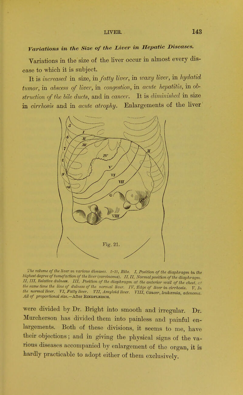 Variations in the Size of the Liver in Hepatic IHseases. Variations in the size of the lirer occur in almost every dis- ease to which it is subject. It is increased in size, in fatty liver, in wax7j liver, in hydatid tumor, in abscess of liver, in congestion, in acute hepatitis, in ob- struction of the bile ducts, and in canceo'. It is diminished in size in cirrhosis and in acute atrophy. Enlargements of the liver 77ie volume of the liver tn various aisecwex. H-lO, Ribs. /. Position of the diaphragm in the highestdegreeof tumefaction of the liver (carcinoma). II, 11, Normal im'sition of the diaphragm. JI, III, Relative dulnesi. Ill, Position of the diaphragm at the antei-ior waU of the chest, r.i the same time the line of dulness of the normal liver. IV, Edge of liver in cirrhosis. V, In the normal liver. VI, Fatty liver. VII, Amyloid liver. VIII, Cancer, leukcemia, adenoma. AU of propmilonal size.—After Eikdplkisck. were divided by Dr. Bright into smooth and irregular. Dr. Murcherson has divided them into painless and painful en- largements. Both of these divisions, it seems to me, have their objections; and in giving the physical signs of the va- rious diseases accompanied by enlargement of the organ, it is hardly practicable to adopt either of them exclusively.