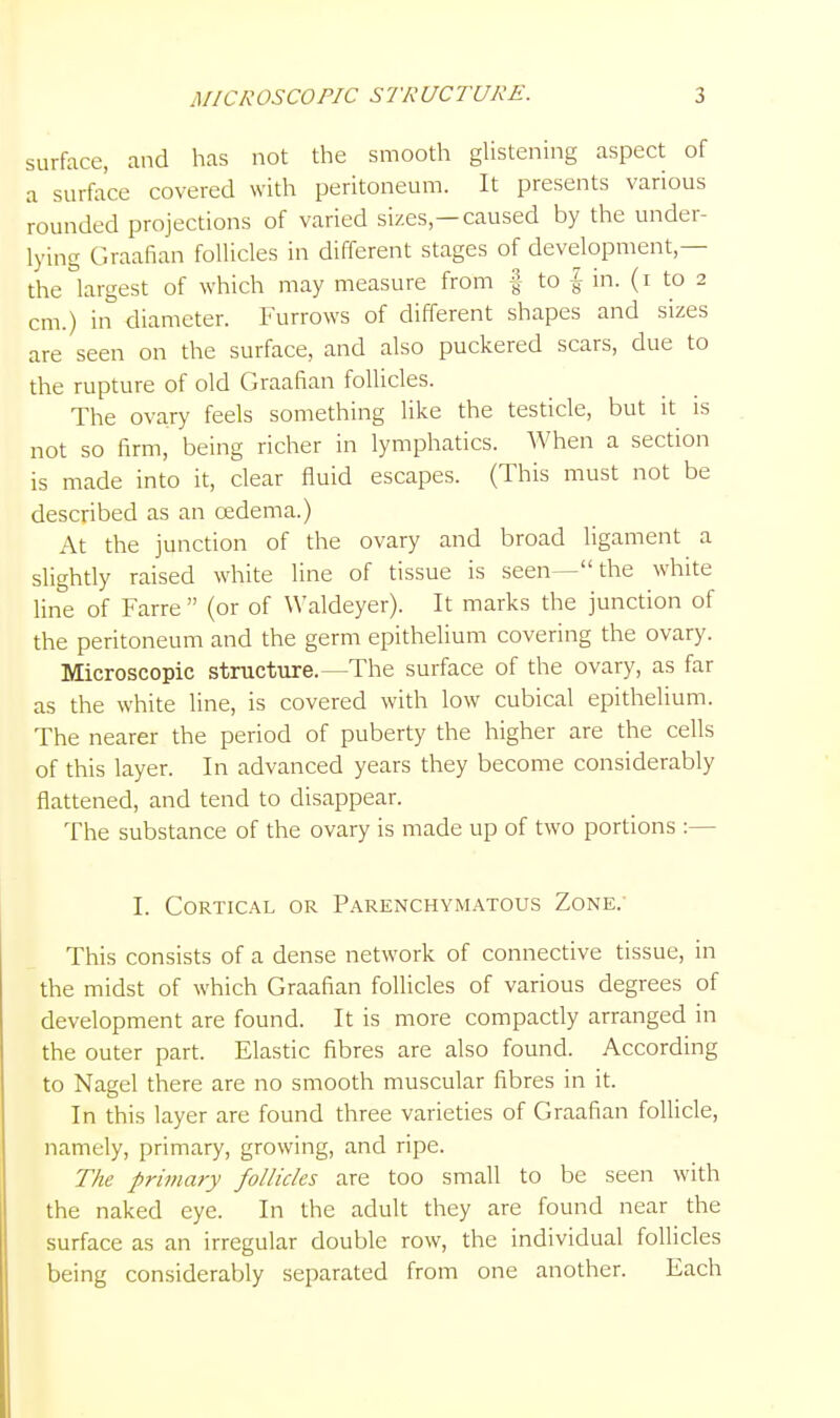 surface, and has not the smooth glistening aspect of a surface covered with peritoneum. It presents various rounded projections of varied sizes- caused by the under- lying Graafian follicles in different stages of development — the largest of which may measure from | to ^ in. (i to 2 cm.) in diameter. Furrows of different shapes and sizes are seen on the surface, and also puckered scars, due to the rupture of old Graafian follicles. The ovary feels something like the testicle, but it is not so firm, being richer in lymphatics. When a section is made into it, clear fluid escapes. (This must not be described as an redema.) At the junction of the ovary and broad ligament a slightly raised w^iite line of tissue is seen—the white line of Farre  (or of Waldeyer). It marks the junction of the peritoneum and the germ epithelium covering the ovary. Microscopic structure.—The surface of the ovary, as far as the white line, is covered with low cubical epithelium. The nearer the period of puberty the higher are the cells of this layer. In advanced years they become considerably flattened, and tend to disappear. The substance of the ovary is made up of two portions :— I. Cortical or Parenchymatous Zone. This consists of a dense network of connective tissue, in the midst of which Graafian follicles of various degrees of development are found. It is more compactly arranged in the outer part. Elastic fibres are also found. According to Nagel there are no smooth muscular fibres in it. In this layer are found three varieties of Graafian follicle, namely, primary, growing, and ripe. The primary follicles are too small to be seen with the naked eye. In the adult they are found near the surface as an irregular double row, the individual follicles being considerably separated from one another. Each