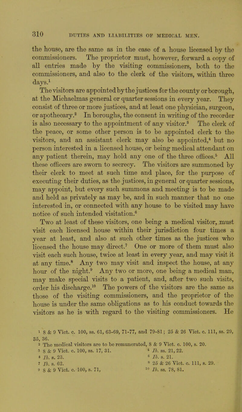the house, are the same as in the case of a house licensed by the commissioners. The proprietor must, however, forward a copy of all entries made by the visiting commissioners, both to the commissioners, and also to the clerk of the visitors, within three days.^ The visitors are appointedby the justices for the county or borough, at the Michaelmas general or quarter sessions in every year. They consist of three or more justices, and at least one physician, surgeon, or apothecary.^ In boroughs, the consent in witing of the recorder is also necessary to the appointment of any visitor.'^ The clerk of the peace, or some other person is to be appointed clerk to the visitors, and an assistant clerk may also be appointed,* but no person interested in a licensed house, or being medical attendant on any patient therein, may hold any one of the three offices.^ All these officers are sworn to secrecy. The visitors are summoned by their clerk to meet at such time and place, for the purpose of executing their duties, as the justices, in general or quarter sessions, may appoint, but every such summons and meeting is to be made and held as privately as may be, and in such manner that no one interested in, or connected with any house to be visited may have notice of such intended visitation.^ Two at least of these visitors, one being a medical visitor, must visit each licensed house within their jurisdiction four times a year at least, and also at such other times as the justices who licensed the house may direct,'^ One or more of them must also visit each such house, twice at least in every year, and may visit it at any time.** Any two may visit and inspect the house, at any hour of the night.^ Any two or more, one being a medical man, may make special visits to a patient, and, after two such visits, order his discharge.^ The powers of the visitors are the same as those of the visiting commissioners, and the proprietor of the house is under the same obligations as to his conduct towards the visitors as he is with regard to the visiting commissioners. He 1 8 & 9 Vict. c. 100, 88. 61, 63-69, 71-77, and 79-81; 25 & 26 Vict. c. Ill, ss. 29, 35, 36. 2 The medical visitors are to be remunerated, 8 & 9 Vict. c. 100, s. 20. 3 8 & 9 Vict. c. 100, ss. 17, 31. * lb. ss. 21, 22. 6 lb. s. 23. « lb. s. 21. 7 lb. 8. 62. 8 25 & 26 Vict. c. Ill, s. 29. 9 8 & 9 Vict. 0. 100, 8. 71, lb. ss. 78, 81.