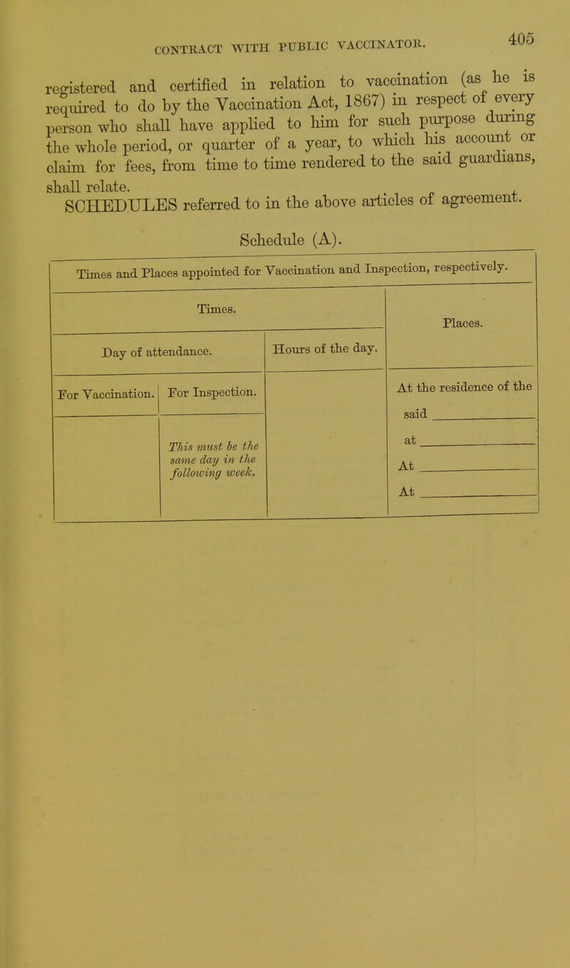 registered and certified in relation to vaccination (as lie is required to do by the Vaccination Act, 1867) in respect of every person wlio shall have applied to him for such pm^ose during the whole period, or quarter of a year, to wHch his accoimt or claim for fees, from time to time rendered to the said guardians, shall relate. SCHEDULES referred to in the ahove articles of agreement. Schedule (A). Times and Places appointed for Vaccination and Inspection, respectively. Times. Places. Day of attendance. Hours of the day. For Vaccination. For Inspection. At the residence of the said This must be the same day in the following week. at At. Af.