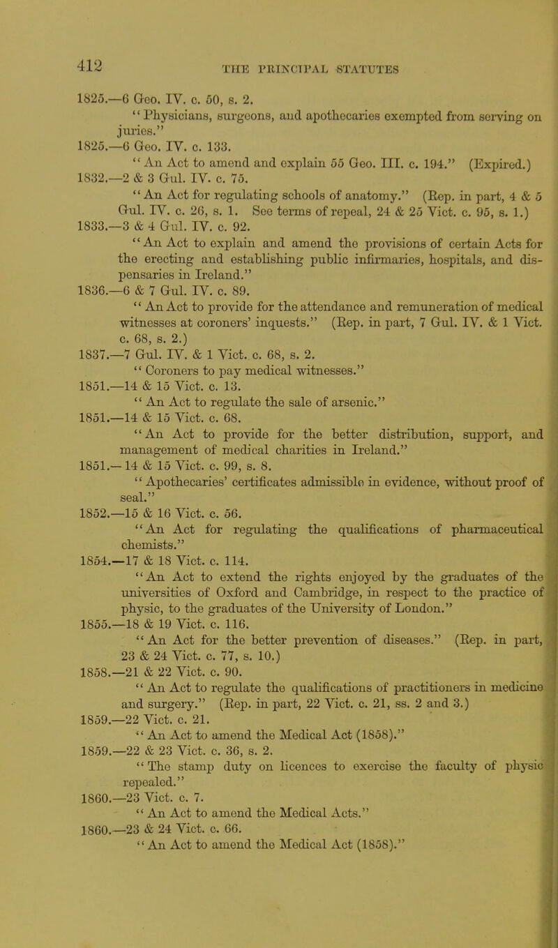 1825.—6 Goo. IV. c. 60, s. 2.  Pliyeicians, surgeons, and apothecaries exempted from seiTing on jm-ies. 1825.—6 Geo. IV. c. 133.  An Act to amend and explain 55 Geo. III. c. 194. (Expii-ed.) 1832. —2 & 3 Gul. IV. c. 75. ** An Act for regulating schools of anatomy. (Rep. in part, 4 & 5 Gul. IV. c. 26, s. 1. See tenns of repeal, 24 & 25 Vict. c. 95, s. 1.) 1833. —3 & 4 Gul. IV. c. 92. An Act to explain and amend the provisions of certain Acts for the erecting and establishing public infirmaries, hospitals, and dis- pensaries in Ireland. 1836. -6 & 7 Gul. IV. c. 89.  An Act to provide for the attendance and remuneration of medical witnesses at coroners' inquests. (Eep. in part, 7 Gul. IV. & 1 Vict, c. 68, s. 2.) 1837. —7 Gul. IV. & 1 Vict. c. 68, s. 2.  Coroners to pay medical witnesses. 1851.-14 & 15 Vict. c. 13.  An Act to regulate the sale of arsenic. 1851.—14 & 15 Vict. c. 68. An Act to provide for the better distribution, support, and management of medical charities in Ireland. 1851. — 14 & 15 Vict. c. 99, s. 8.  Apothecaries' certificates admissible in evidence, without proof of seal. 1852. —15 & 16 Vict. c. 56. An Act for regulating the qualifications of pharmaceutical chemists. 1854. —17 & 18 Vict. c. 114. An Act to extend the rights enjoyed by the graduates of the universities of Oxford and Cambi'idge, in respect to the practice of physic, to the graduates of the University of London. 1855. -18 & 19 Vict. c. 116. An Act for the better prevention of diseases. (Rep. in part, 23 & 24 Vict. c. 77, s. 10.) 1858. —21 & 22 Vict. c. 90.  An Act to regulate the qualifications of practitioners in medicine and surgery. (Rep. in part, 22 Vict. c. 21, ss. 2 and 3.) 1859. -22 Vict. c. 21.  An Act to amend the Medical Act (1858). 1859. —22 & 23 Vict. c. 36, s. 2.  The stamp duty on licences to exercise the faculty of phj^sic repealed. 1860. -23 Vict. c. 7.  An Act to amend the Medical Acts. I860.—23 & 24 Vict. c. 66. An Act to amend the Medical Act (1858).