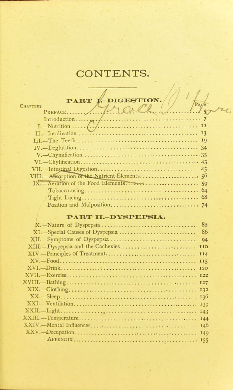 CONTENTS. I»^RT E-r»IGESTIO]V. Chapters /u,^ /_ ^ -/^/? / PREFACE / Introduction « • /• I.—Nutrition Z^/ ■ II II.—Insalivation 13 III. —The Teeth 19 IV. —Deglutition 34 V.—Chymification 35 VI.—Chylification 43 VII.—Inte^tiij^lDigestion 45 Vlil.—A6s9rpUorr5fHtte.;^\iti-ient Elements 56 IXr^^eiation of the Food lilementsTTrvm 59 Tobacco-using 64 Tight Lacing 68 Position and Malposition r 74 PA.RT II.-I>YSI»EI»SIA.. .1 X. —Nature of Dyspepsia 82 XI. —Special Causes of Dyspepsia 86 XII.—Symptoms of Dyspepsia 94 XIII. —Dyspepsia and the Cachexies 110 XIV. —Principles of Treatment 114 XV.—Food 115 XVI.—Drink 120 XVII.—Exercise 122 XVIII.—Bathing 127 XIX.—Clothing 132 XX.—Sleep 136 XXI.—Ventilation 139 XXII.—Light 143 XXni.—Temperature 144 XXIV.—Mental Influences 146 XXV.—Occupation 149 Appendix 155