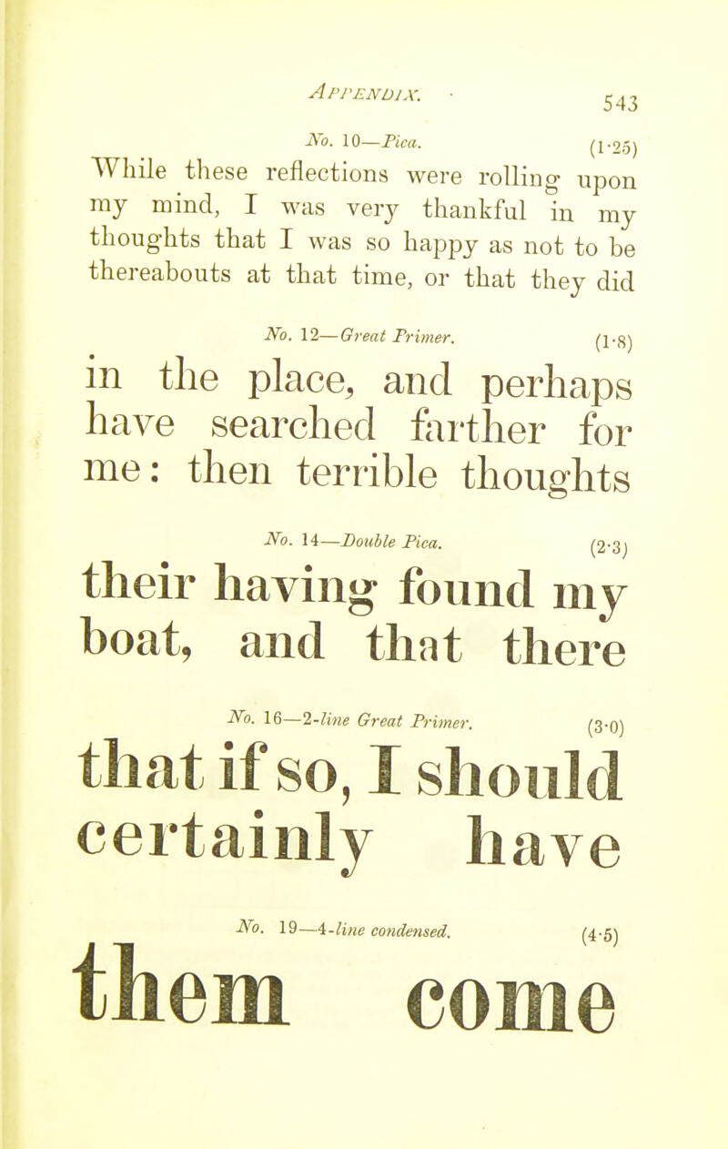 Appendix. ■ e43 UTo. 10—Pica. (195) While th ese reflections were rolling upon my mind, I was very thankful In my thoughts that I was so happy as not to be thereabouts at that time, or that they did No. 12—Great Primer. (l'S) in the place, and perhaps have searched farther for me: then terrible thoughts No. 14—Double Pica. their having found my boat, and that there No. 16—2-line Great Primer. (3-0) that if so, I should certainly have No. 19—4-line condensed. (4-5) them come