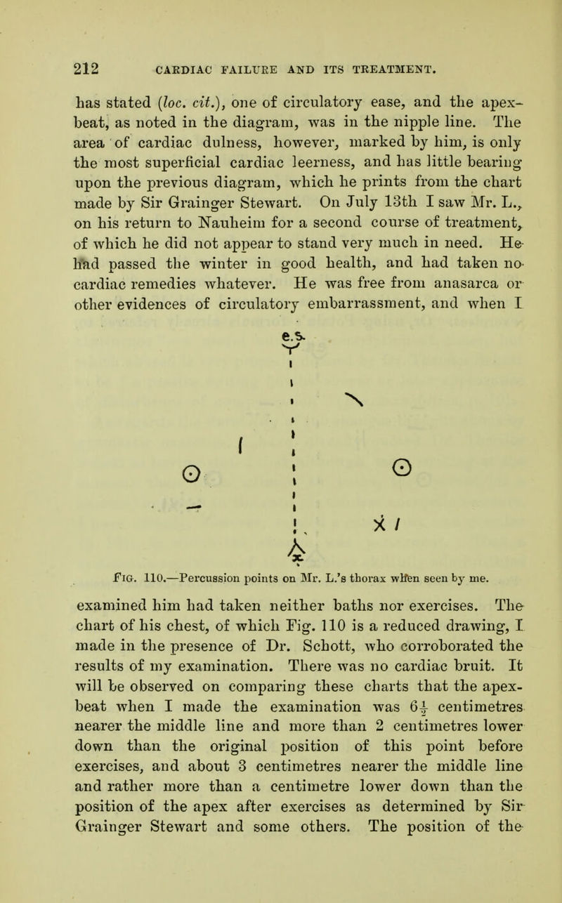 has stated (loc. cit.), one of circulatory ease, and the apex- beat, as noted in the diagram, was in the nipple line. The area of cardiac dulness, however, marked by him, is only the most superficial cardiac leerness, and has little bearing upon the previous diagram, which he prints from the chart made by Sir Grainger Stewart. On July loth I saw Mr. L., on his return to Nauheim for a second course of treatment, of which he did not appear to stand very much in need. He had passed the winter in good health, and had taken no cardiac remedies whatever. He was free from anasarca or other evidences of circulatory embarrassment, and when I e.s. V I o ; © X / 4 Fig. 110.—Percussion points on Mr. L.'s thorax wlfen seen by me. examined him had taken neither baths nor exercises. The chart of his chest, of which Fig. 110 is a reduced drawing, I made in the presence of Dr. Schott, who corroborated the results of my examination. There was no cardiac bruit. It will be observed on comparing these charts that the apex- beat when I made the examination was 6^ centimetres nearer the middle line and more than 2 centimetres lower down than the original position of this point before exercises, and about 3 centimetres nearer the middle line and rather more than a centimetre lower down than the position of the apex after exercises as determined by Sir Grainger Stewart and some others. The position of the