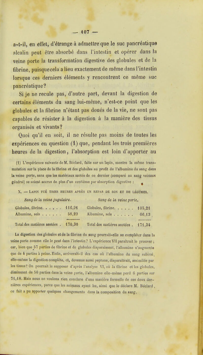 _- 4 07 — a-t-il, en effet, d'étrange à admettre que le suc pancréatique alcalin peut être absorbé dans l'intestin et opérer dans la veine porte la transformation digestive des globules et de la fibrine, puisquecela a lieu exactement de même dans l'intestin lorsque ces derniers éléments y rencontrent ce même suc pancréatique? Si je ne recule pas, d'autre part, devant la digestion de certains éléments du sang lui-même, n'est-ce point que les globules et la fibrine n'étant pas doués de la vie, ne sont pas capables de résister à la digestion à la manière des tissus organisés et vivants? Quoi qu'il en soit, il ne résulte pas moins de toutes les expériences en question (1) que, pendant les trois premières heures de la digestion, l'absorption est loin d'apporter au (1) L'expérience suivante de M. Bcclard, faite sur un lapin, montre la même trans- mutation sur la place de la fibrine et des globules au profit de l'albumine du sang dans la veine porte, sans que les matériaux azotés de ce dernier (comparé au sang veinoux général) se soient accrus de plus d'un centième par absorption digestive : ^ X. — Lapin tué trois heures après un repas de son et de légumes. Sang de la veine jugulaire. Sang de la veine porte. Globules, fibrine 11G,91 Globules, fibrine 105,21 Albumine, sels 58,29 Albumine, sels 66,13 Total des matières azotées . 170,30 Total des matières azotées . 171,34 La digestion des globules et de la fibrine du sang pourrait-elle se compléter dans la veine porte comme elle le peut dans l'intestin? L'expérience Vil paraîtrait le prouver ; car, bien que^57 parties de fibrine et de globules disparaissent, l'albumine n'augmente que de 4 parties à peine.Enfin, arriverait-il des cas où l'albumine du sang subirai, elle-même la digestion complète, et, devenue aussi peplone, disparaîtrait, assimilée par les tissus? On pourrait le supposer d'après l'analyse VI, où la fibrine et les globules, diminuant de 50 parties dans la veine porto, l'albumine elle-même perd 6 parties sur 71,18. Mais nous no voulons rien conclure d'une manière formelle de ces deux der- nières expériences, parce que les animaux ayant bu, ainsi que le déclare M. Béclard , ce fait a pu apporter quelques cbangements dans la composition du sang.