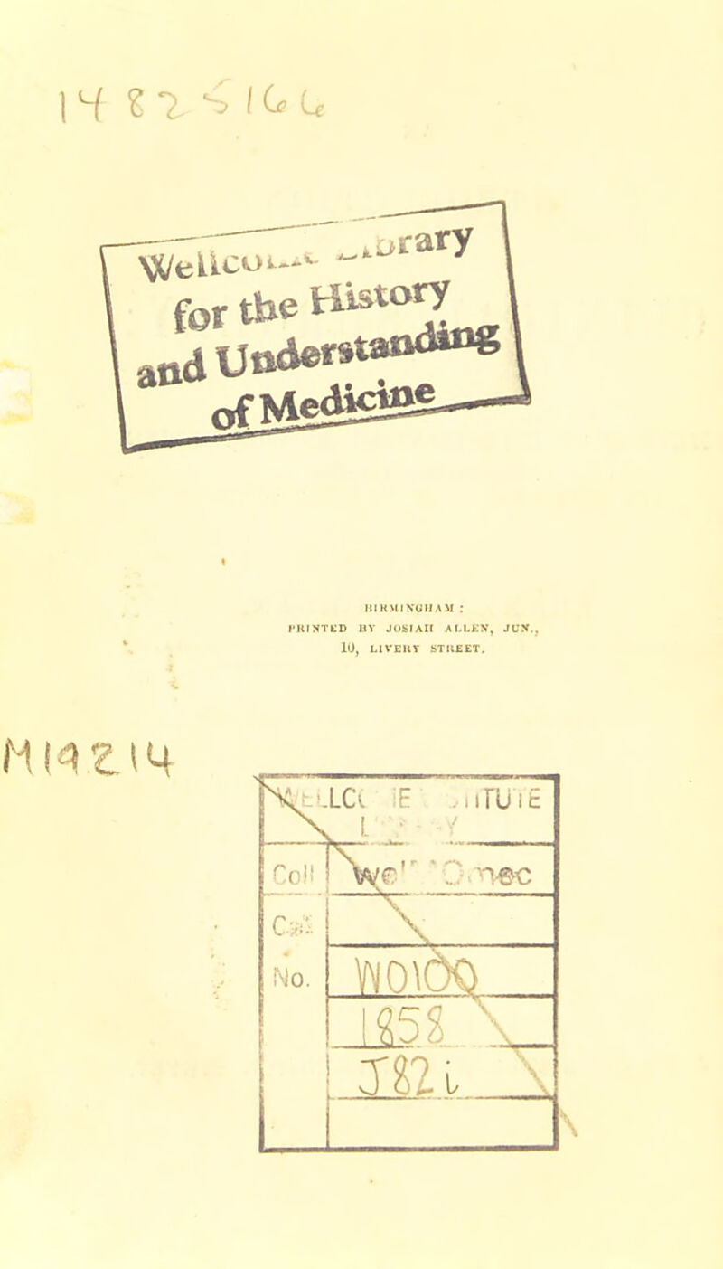 for the ItlKJtlKtiHAM : CKINTtD UV JOSIAir AI.LfcX, JUN.. 10, LIVEUY STKEET,