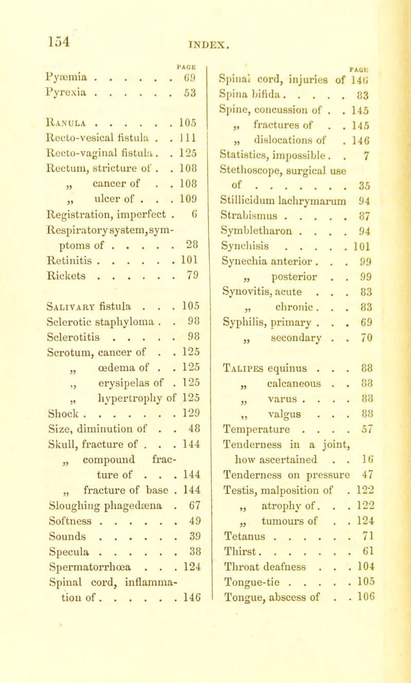 PAGE Pyoiinia 69 Pyrexia 53 Ranula 105 Recto-vesical fistula . .111 Recto-vaginal fistula. . 125 Rectum, stricture of . . 108 „ cancer of . .108 „ ulcer of . . .109 Registration, imperfect . 6 Respiratory system, sym- ptoms of 28 Retinitis 101 Rickets 79 Salivary fistula . . . 105 Sclerotic staphyloma . . 98 Sclerotitis 98 Scrotum, cancer of . . 125 „ oedema of . .125 ,, erysipelas of .125 „ hypertrophy of 125 Shock 129 Size, diminution of . . 48 Skull, fracture of . . .144 „ compound frac- ture of . . . 144 „ fracture of base . 144 Sloughing phagedsena . 67 Softness 49 Sounds 39 Specula 38 Spermatorrhoea . . . 124 Spinal cord, inflamma- tion of 146 Spina', cord, injuries of 146 Spina bifida 83 Spine, concussion of . . 145 „ fractures of . .145 „ dislocations of . 146 Statistics, impossible. . 7 Stethoscope, surgical use of 35 Stillicidum laclirymarum 94 Strabismus 87 Symbletharon .... 94 Syncliisis 101 Synechia anterior... 99 „ posterior . . 99 Synovitis, acute ... 83 „ chronic... 83 Syphilis, primary ... 69 „ secondary . . 70 Talipes equinus ... 88 „ calcaneous . . 88 „ varus .... 88 „ valgus ... 88 Temperature .... 57 Tenderness in a joint, how ascertained . . 16 Tenderness on pressure 47 Testis, malposition of . 122 „ atrophy of. . .122 „ tumours of . . 124 Tetanus 71 Thirst 61 Throat deafness . . .104 Tongue-tie 105 Tongue, abscess of . .106