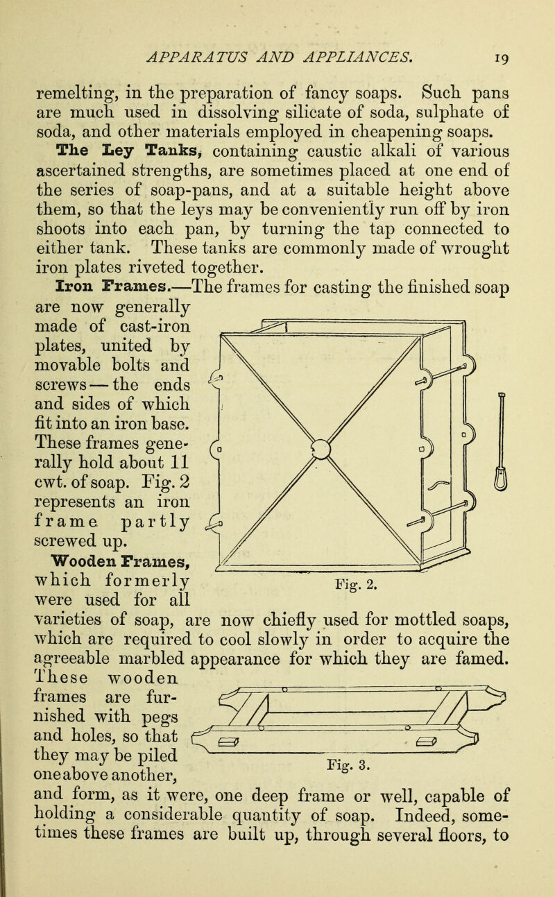 remelting, in the preparation of fancy soaps. Sucli pans are much used in dissolving silicate of soda, sulphate of soda, and other materials employed in cheapening soaps. The Ley Tanks, containing caustic alkali of various ascertained strengths, are sometimes placed at one end of the series of soap-pans, and at a suitable height above them, so that the leys may be conveniently run off by iron shoots into each pan, by turning the tap connected to either tank. These tanks are commonly made of wrought iron plates riveted together. Iron Frames.—The frames for casting the finished soap are now generally made of cast-iron ^^^T plates, united by movable bolts and screws — the ends and sides of which fit into an iron base. These frames gene- rally hold about 11 cwt. ofsoap. Fig. 2 represents an iron frame partly screwed up. Wooden Frames, which formerly were used for all varieties of soap, are now chiefly used for mottled soaps, which are required to cool slowly in order to acquire the agreeable marbled appearance for which they are famed. These wooden frames are fur- nished with pegs and holes, so that they may be piled one above another, Fig. 2. Fig. 3. and form, as it were, one deep frame or well, capable of holding a considerable quantity of soap. Indeed, some- times these frames are built up, through several floors, to