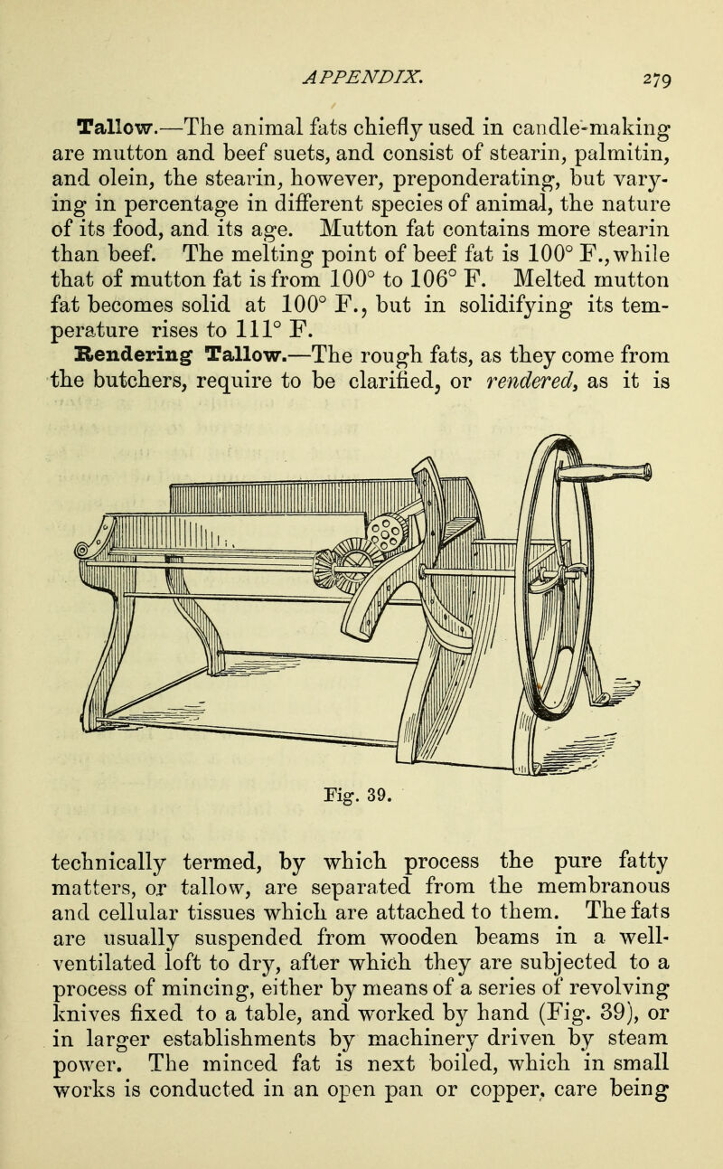 Tallow.—The animal fats chiefly used in candle-making are mutton and beef suets, and consist of stearin, palmitin, and olein, the stearin^ however, preponderating, but vary- ing in percentage in different species of animal, the nature of its food, and its age. Mutton fat contains more stearin than beef. The melting point of beef fat is 100° F., while that of mutton fat is from 100° to 106° F. Melted mutton fat becomes solid at 100° F., but in solidifying its tem- perature rises to 111° F. Hendering Tallow.—The rough fats, as they come from the butchers, require to be clarified, or rendered, as it is Fig. 39. technically termed, by which process the pure fatty matters, or tallow, are separated from the membranous and cellular tissues which are attached to them. The fats are usually suspended from wooden beams in a well- ventilated loft to dry, after which they are subjected to a process of mincing, either by means of a series of revolving knives fixed to a table, and worked by hand (Fig. 39), or in larger establishments by machinery driven by steam power. The minced fat is next boiled, which in small works is conducted in an open pan or copper, care being