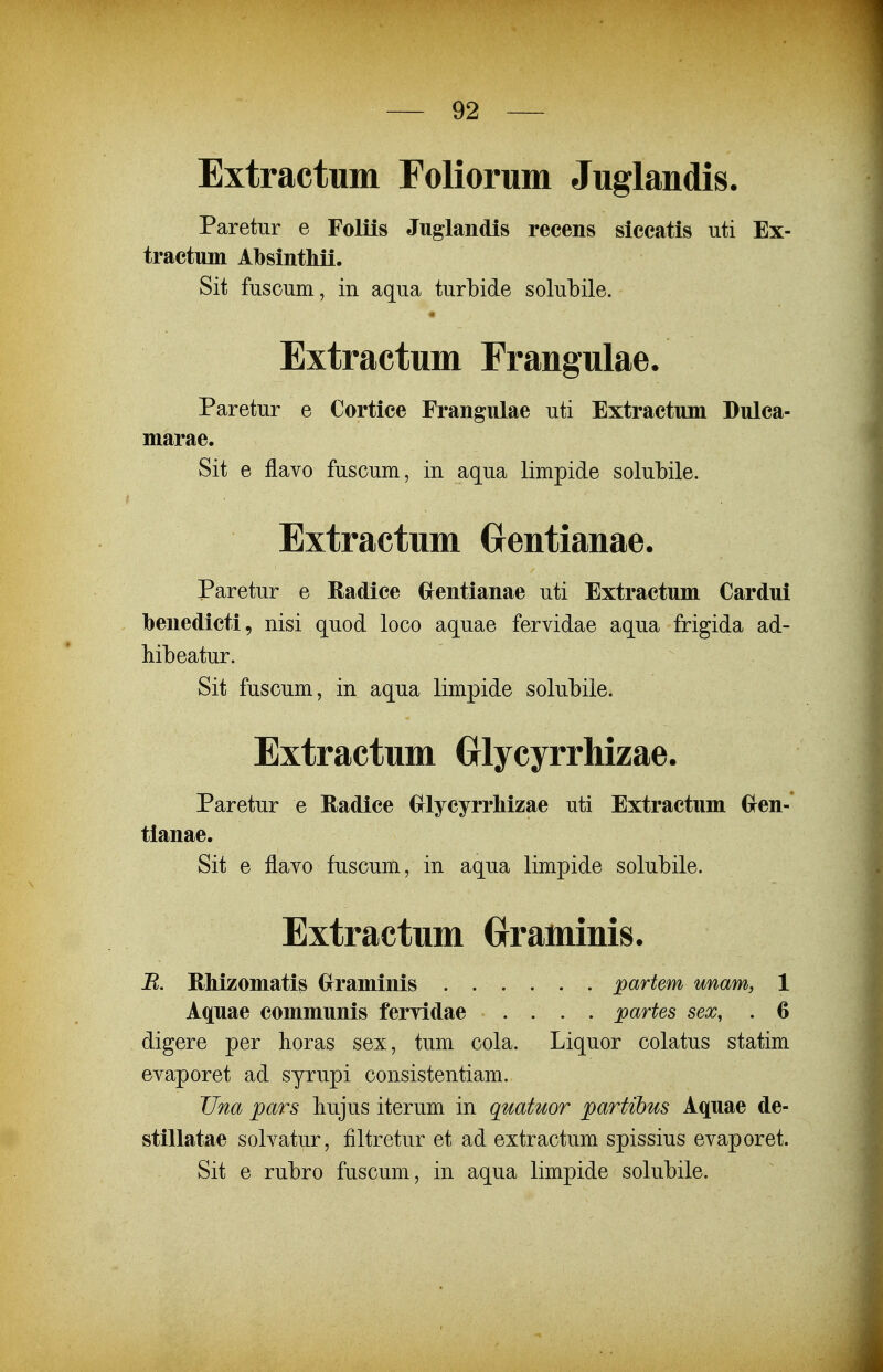 Extractum Foliorum Juglandis. Paretur e Folils Juglandis recens siecatis uti Ex- tractum Absinthii. Sit fuscum, in aqua turbide solubile. Extractum Frangulae. Paretur e Cortice Frangulae uti Extractum Dulca- marae. Sit e flavo fuscum, in aqua limpide solubile. Extractum (jentianae. Paretur e Radice Crentianae uti Extractum Cardui benedicti, nisi quod loco aquae fervidae aqua frigida ad- Mbeatur. Sit fuscum, in aqua limpide solubile. Extractum GlycyrrMzae. Paretur e Radice Grlycyrrhizae uti Extractum Gfen- tianae. Sit e flavo fuscum, in aqua limpide solubile. Extractum Grraminis. B. Eliizomatis Crraminis partem unam, 1 Aquae communis feryidae .... partes sex, . 6 digere per horas sex, tum cola. Liquor colatus statim evaporet ad syrupi consistentiam. JJna pars liujus iterum in quatuor partibus Aquae de- stillatae solvatur, filtretur et ad extractum spissius evaporet. Sit e rubro fuscum, in aqua limpide solubile.