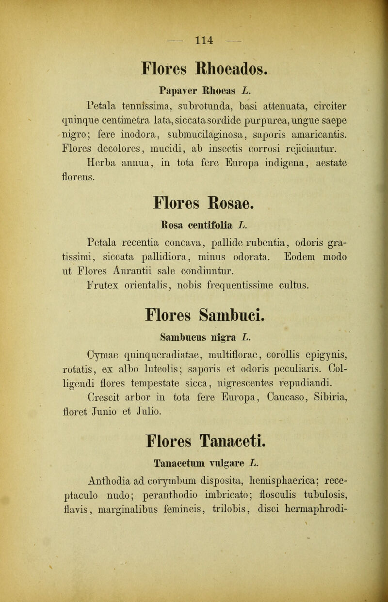 Flores Rhoeados. Papayer Rhoeas L. Petala tennissima, subrotnnda, basi attennata, circiter quinque centimetra lata, siccata sordide purpurea, ungue saepe nigro; fere inodora, submucilaginosa, saporis amaricantis. Flores decolores, mucidi, ab insectis corrosi rejiciantur. Herba annua, in tota fere Europa indigena, aestate florens. Flores Rosae. Rosa eentifolia L. Petala recentia concava, pallide rubentia, odoris gra- tissimi, siccata pallidiora, minus odorata. Eodem modo ut Flores Aurantii sale condiuntur. Frutex orientalis, nobis frequentissime cultus. Flores Sambuci. Samlbueus nigra L. Oymae quinqueradiatae, multiflorae, corollis epigynis, rotatis, ex albo luteolis; saporis et odoris peculiaris. Col- ligendi flores tempestate sicca, nigrescentes repudiandi. Crescit arbor in tota fere Europa, Caucaso, Sibiria, floret Junio et Julio. Flores Tanaceti. Tanacetum vulgare L. Antliodia ad corymbum disposita, liemispliaerica; rece- ptaculo nudo; perantbodio imbricato; flosculis tubulosis, flavis, marginalibus femineis, trilobis, disci hermaplirodi-