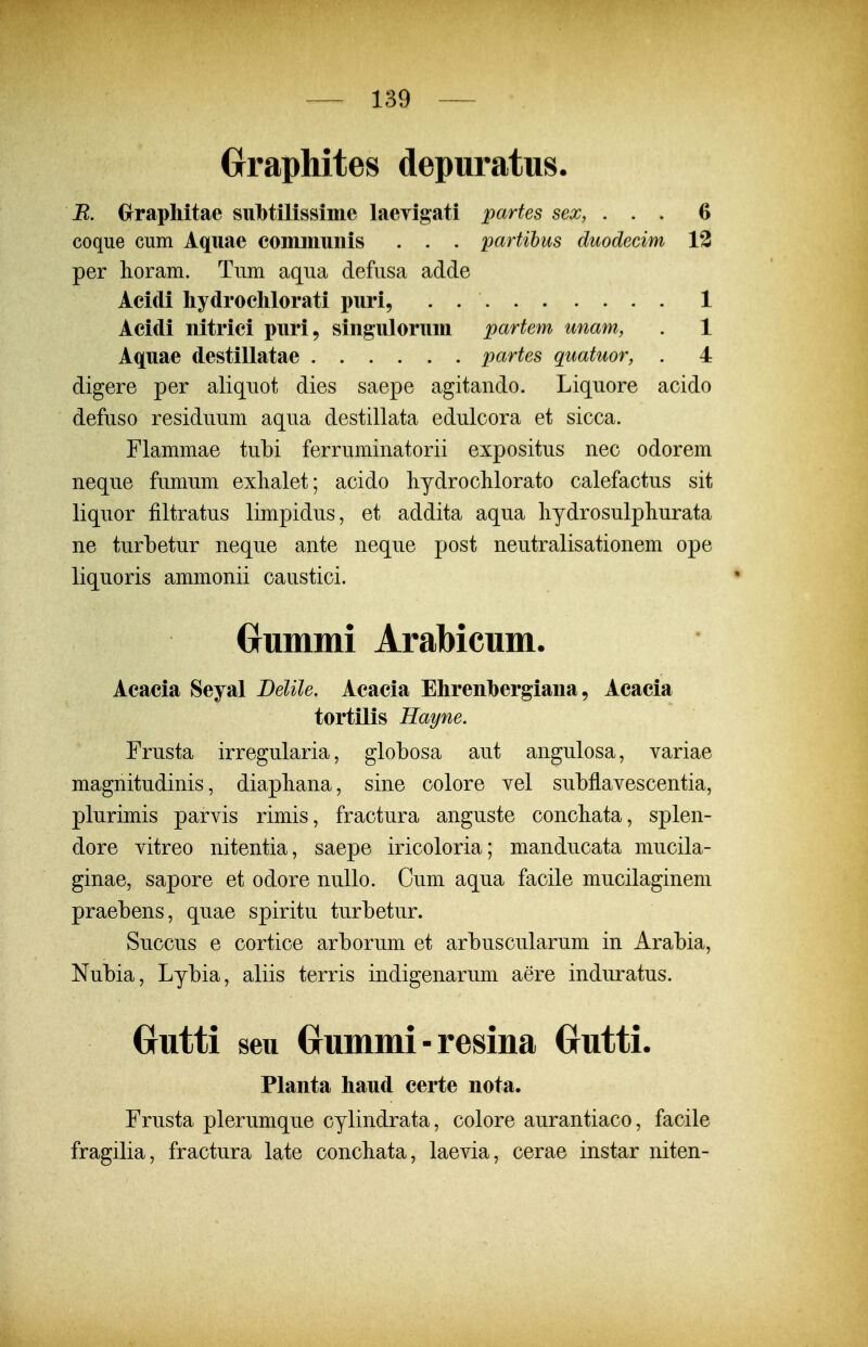 Grraphites depuratus. B. Crraphitae subtilissimc laevigati partes sex, ... 6 coque cum Aqiiae comiimiiis . . . partihus duodecim 13 per horam. Tiim aqua defusa adde Acidi liydrochlorati puri, . 1 Acidi nitrici puri, siiigiilorum partem unam, . 1 Aquae destillatae partes quatuor, . 4 digere per aliquot dies saepe agitando. Liquore acido defuso residuum aqua destillata edulcora et sicca. Flammae tubi ferruminatorii expositus nec odorem neque fumum exlialet; acido hydroclilorato calefactus sit liquor filtratus limpidus, et addita aqua liydrosulphurata ne turbetur neque ante neque post neutralisationem ope liquoris ammonii caustici. Crummi Arabicum. Acacia Seyal Belile. Acacia Ehrenhergiaiia, Acacia tortilis Hayne. Frusta irregularia, globosa aut angulosa, variae magnitudinis, diapliana, sine colore vel subflavescentia, plurimis parvis rimis, fractura anguste concliata, splen- dore vitreo nitentia, saepe iricoloria; manducata mucila- ginae, sapore et odore nullo. Cum aqua facile mucilaginem praebens, quae spiritu turbetur. Succus e cortice arborum et arbuscularum in Arabia, Nubia, Lybia, aliis terris indigenarum aere induratus. Grutti seu (jummi-resina Outti. Planta haud certe nota. Frusta plerumque cylindrata, colore aurantiaco, facile fragilia, fractura late concbata, laevia, cerae instar niten-