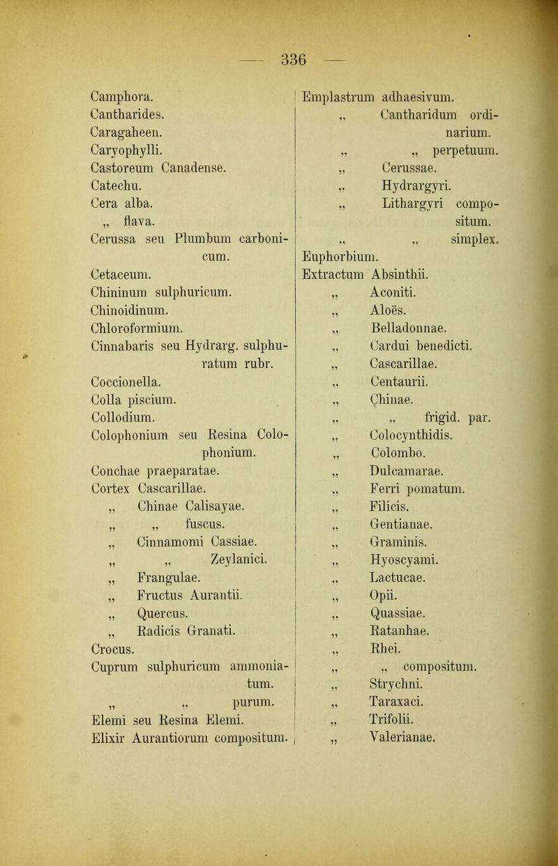 Camphora. Cantharides. Caragaheen. Caryophylli. Castoreum Canadense. Catechu. Cera alba. „ flava. Cerussa seu Plumbum carhoni- cum. Cetaceum. Chininum sulphuricum. Chinoidinum. Chloroformium. Cinnabaris seu Hydrarg. sulphu- ratum rubr. Coccionella. CoUa piscium. Collodium. Colophonium seu Eesina Colo- phonium. Conchae praeparatae. Cortex Cascarillae. „ Chinae Calisayae. „ „ fuscus. „ Cinnamomi Cassiae. „ „ Zeylanici. „ Frangulae. „ Fructus Aurantii. „ Quercus. „ Kadicis Granati. Crocus. Cuprum sulphuricum ammonia- tum. „ „ purum. Elemi seu Kesina Elemi. Elixir Aurantiorum compositum. Emplastrum adhaesivum. „ Cantharidum ordi- narium. „ „ perpetuum. „ Cerussae. Hydrargyri. „ Lithargyri compo- situm. „ „ simplex. Euphorbium. Extractum Absinthii. Aconiti. Aloes. Belladonnae. Cardui benedicti. Cascarillae. Centaurii. Chinae. frigid. par. Colocynthidis. Colombo. Dulcamarae. Ferri pomatum. Filicis. Gentianae. Graminis. Hyoscyami. Lactucae. Opii. Quassiae. Katanhae. Khei. „ compositum. Strychni. Taraxaci. Trifolii. Yalerianae.