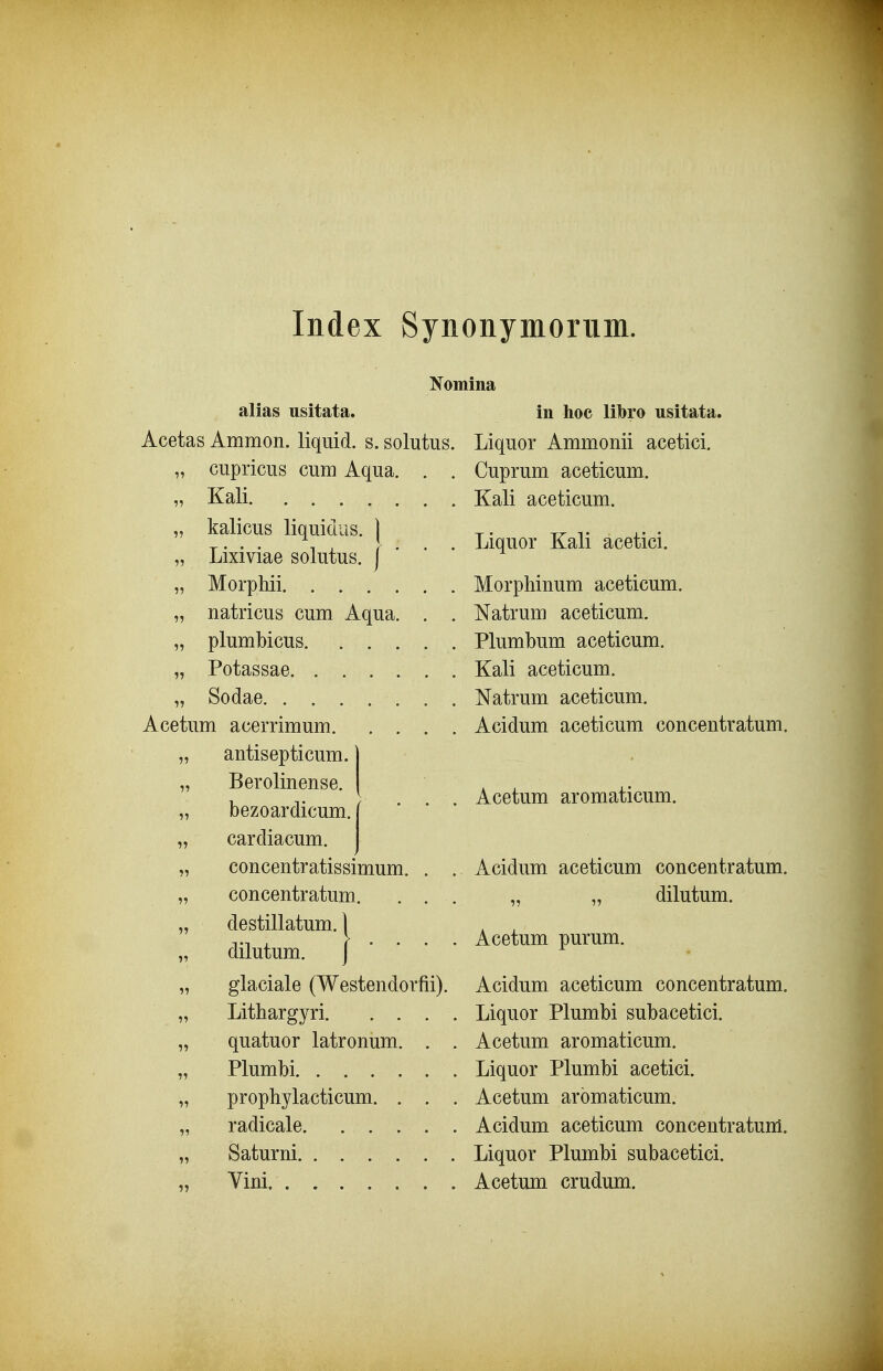 Index Synonynioriini. Nomina alias usitata. in hoc libro usitata. Acetas Ammon. liquid. s. solutus. Liquor Ammonii acetici. cupricus cum Aqua. . . Cuprum aceticum. Kali Kali aceticum. kalicus liquidus. ) t- rr t i.- • -^. . . , } . . . Liquor Kali acetici. Lixiviae solutus. ) Morphii Morphinum aceticum. natricus cum Aqua. . . Natrum aceticum. plumbicus Plumbum aceticum. Potassae Kali aceticum. Sodae Natrum Acetum acerrimum Acidum antisepticum.) aceticum. aceticum concentratum. Berolinense. bezoardicum. cardiacum. concentratissimum. . concentratum. . . destillatum. \ dilutum. J ' glaciale (Westendorfii). Acetum aromaticum. Acidum aceticum Acetum purum. concentratum. dilutum. Acidum aceticum concentratum. Litbargyri Liquor Plumbi subacetici. quatuor latronum. . . Acetum aromaticum. Plumbi Liquor Plumbi acetici. prophylacticum. . . . Acetum arbmaticum. radicale Acidum aceticum concentratum. Saturni Liquor Plumbi subacetici. Vini Acetum crudum.