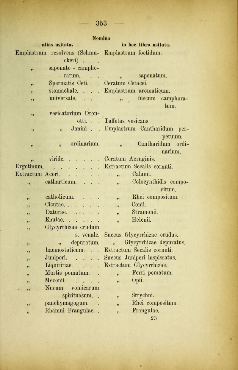 Nomina alias usitata. in lioc libro usitata. Emplastrum resolvens (Schmu- Emplastrum foetidum. ckeri). . . . „ saponato - campho- ratum. . . „ saponatum. „ Spermatis Ceti. . Ceratum Cetacei. „ stomachale. . . . Emplastrum aromaticum. „ universale. ... „ ^ fuscum camphora- tum. „ vesicatorium Drou- otti. . . Taffetas vesicans. „ „ Janini . . Emplastrum Cantharidum per- petuum. „ „ ordinarium. „ Cantharidum ordi- narium. „ viride Ceratum Aeruginis. Ergotinum. Extractum Secalis cornuti. Extractum Acori „ Calami. „ catharticum. ... „ Colocynthidis compo- situm. „ catholicum. ... „ Rhei compositum. „ Cicutae „ Conii. „ Daturae „ Stramonii. „ Enulae „ Helenii. „ Glycyrrhizae crudum s. venale. Succus Glycyrrhizae crudus. „ „ depuratum. „ Glycyrrhizae depuratus. „ haemostaticum. . . Extractum Secalis cornuti. „ Juniperi Succus Juniperi inspissatus. „ Liquiritiae. . . . Extractum Glycyrrhizae. „ Martis pomatum. . „ Ferri pomatum. „ Meconii „ Opii. „ Nucum vomicarum spirituosum. . „ Strychni. „ panchymagogum. . „ Khei compositum. „ Khamni Frangulae. . „ Frangulae. 23