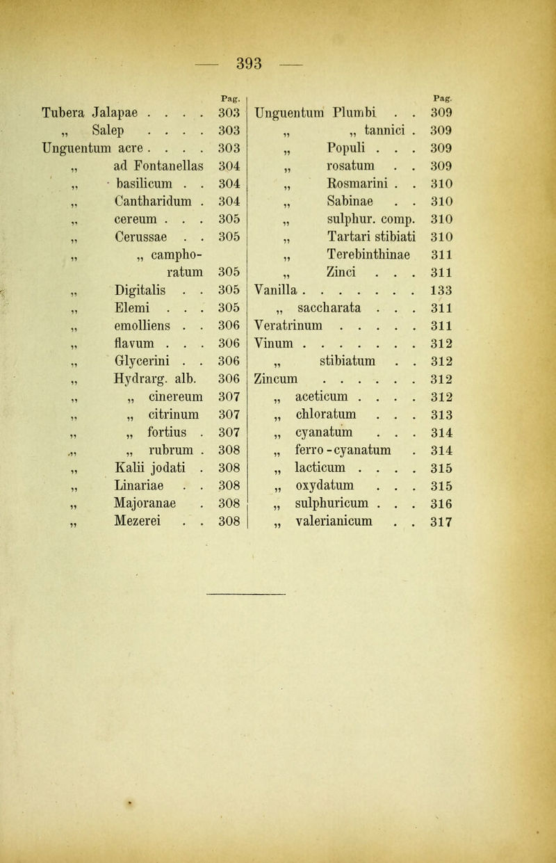 Pag. Tubera Jalapae .... 303 Salep .... 303 Unguentum acre. . . . 303 ad Fontanellas 304 ■ basilicum . . 304 Cantharidum . 304 cereum . . . 305 Cerussae . . 305 „ campho- ratum 305 Digitalis . . 305 Elemi ... 305 emoUiens . . 306 flavum ... 306 Glycerini . . 306 Hydrarg. alb. 306 „ cinereum 307 „ citrinum 307 „ fortius . 307 „ rubrum . 308 Kalii jodati . 308 Linariae . . 308 Majoranae . 308 Mezerei . . 308 Unguentum Plumbi „ tannici Populi . . rosatum Kosmarini . Sabinae sulphur. comp Tartari stibiati Terebinthinae Zinci Vanilla .... „ saccharata Veratrinum . . Vinum .... „ stibiatum Zincum . . . , „ aceticum . „ chloratum „ cyanatum „ ferro-cyanatum „ lacticum . „ oxydatum „ sulphuricum „ valerianicum Pag. 309 309 309 309 310 310 310 310 311 311 133 311 311 312 312 312 312 313 314 314 315 315 316 317