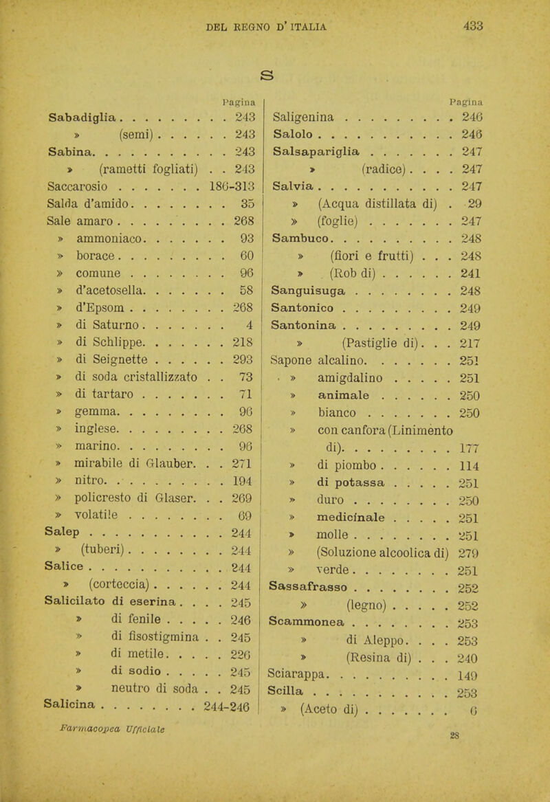 Pagina Sabadiglia 243 » (semi) 243 Sabina 243 > (rametti fogliati) . . 243 Saccarosio 18(3-313 Salda d'amido 35 Sale amaro 268 » ammoniaco 93 » borace......... 60 » comune 96 » d'acetosella 58 » d'Epsom 268 » di Saturno 4 » di Schlippe 218 » di Seignette 293 » di soda cristallizzato . . 73 » di tartaro 71 » gemma 96 » inglese 268 » marino 96 » mirabile di Glauber. . . 271 » nitro. 194 » policresto di Glaser. . . 269 » volatile 69 Salep 244 » (tuberi) 244 Salice 244 > (corteccia) 244 Salicilato di eserina .... 245 » di fenile 246 » di fisostigmina . . 245 » di metile 220 » di sodio 245 » neutro di soda . . 245 Salicina 244-246 Farmacopea Ufficiale Pagina Saligenina 246 Salolo 246 Salsapariglia 247 > (radice).... 247 Salvia 247 » (Acqua distillata di) . 29 » (foglie) 247 Sambuco 248 » (fiori e frutti) ... 248 » (Rob di) 241 Sanguisuga 248 Santonico 249 Santonina 249 » (Pastiglie di). . . 217 Sapone alcalino 251 ■ » amigdalino 251 » animale 250 » bianco 250 » con canfora (Linimento di) 177 » di piombo 114 » di potassa 251 » duro 250 » medicinale 251 > molle 251 » (Soluzione alcoolica di) 27'.) » verde 251 Sassafrasso 252 » (legno) 252 Scammonea 253 » di Aleppo. ... 253 » (Resina di) . . . 240 Sciarappa 149 Scilla 253 » (Aceto di) 0