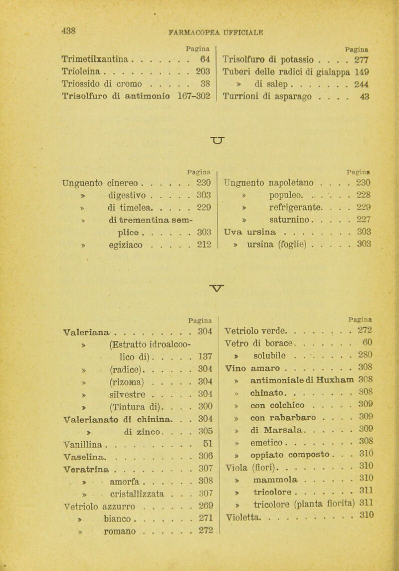 Pagina Trimetilxantina 64 Trioleina 203 Triossido di cromo 38 Trisolfuro di antimonio 167-302 Pagina Trisolfuro di potassio .... 277 Tuberi delle radici di gialappa 149 » di salep 244 Turrioni di asparago .... 43 TX Pagina Unguento cinereo 230 » digestivo 303 » di timelea. .... 229 » di trementina sem- plice 303 » egiziaco 212 Pagina Unguento napoletano .... 230 » populeo. ..... 228 » refrigerante. . . . 229 » saturnino 227 Uva ursina 303 » ursina (foglie) 303 Pagina Valeriana 304 » (Estratto idroalcoo- lico di) 137 » (radice) 304 » (rizoma) 304 » silvestre 304 > (Tintura di), ... . 300 Valerianato di chinina. . . 304 » di zinco. . . . 305 Vanillina 51 Vaselina 306 Veratrina 307 » amorfa 308 » cristallizzata . . . 307 Vetriolo azzurro 269 » bianco 271 romano 272 Pagina Vetriolo verde 272 Vetro di borace 60 » solubile . . • 280 Vino amaro 308 » antimoniale di Huxham 308 « chinato 308 » con colchico 309 » con rabarbaro .... 309 » di Marsala 309 » emetico 308 » oppiato composto. . . 310 Viola (fiori) 310 » mammola 310 » tricolore 311 » tricolore (pianta fiorita) 311 Violetta. 310
