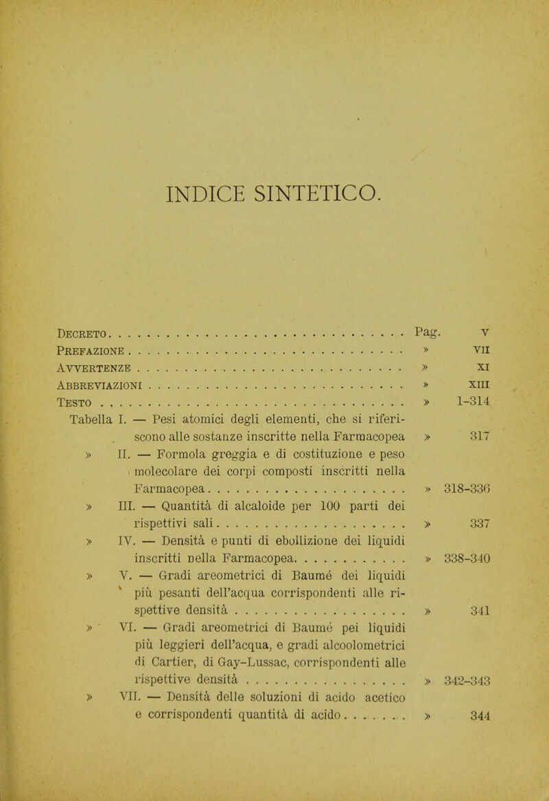INDICE SINTETICO. Decreto Pag. v Prefazione » vii Avvertenze » xi Abbreviazioni » xm Testo » 1-314 Tabella L — Pesi atomici degli elementi, che si riferi- scono alle sostanze inscritte nella Farmacopea > 317 » II. — Formola greggia e di costituzione e peso ! molecolare dei corpi composti inscritti nella Farmacopea » 318-336 » III. — Quantità di alcaloide per 100 parti dei rispettivi sali » 337 » IV. — Densità e punti di ebollizione dei liquidi inscritti nella Farmacopea » 338-310 » V. — Gradi areometrici di Bauraó dei liquidi più pesanti dell'acqua corrispondenti alle ri- spettive densità » 341 » VI. — Gradi areometrici di Bauraó pei liquidi più leggieri dell'acqua, e gradi alcoolometrici fii Cartier, di Gay-Lussac, corrispondenti alle rispettive densità » 342-343 » VII. — Densità delle soluzioni di acido acetico e corrispondenti quantità di acido » 344
