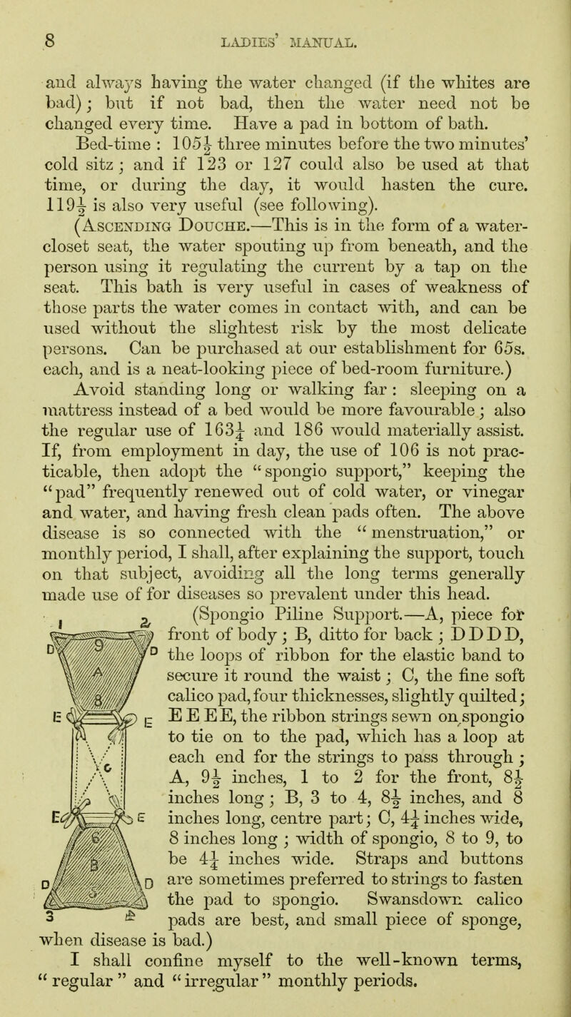 and always having the water changed (if the whites are bad); but if not bad, then the water need not be changed every time. Have a pad in bottom of bath. Bed-time : 10-5 J three minutes before the two minutes' cold sitz ; and if 123 or 127 could also be used at that time, or during the day, it would hasten the cure. IIOtt is also very useful (see following). (Ascending Douche.—This is in the form of a water- closet seat, the water spouting up from beneath, and the person using it regulating the current by a tap on the seat. This bath is very useful in cases of weakness of those parts the water comes in contact with, and can be used without the slightest risk by the most delicate persons. Can be purchased at our establishment for 65s. each, and is a neat-looking piece of bed-room furniture.) Avoid standing long or walking far : sleeping on a mattress instead of a bed would be more favourable; also the regular use of 163^ and 186 would materially assist. If, from employment in day, the use of 106 is not prac- ticable, then adopt the spongio support, keeping the pad frequently renewed out of cold water, or vinegar and water, and having fresh clean pads often. The above disease is so connected with the  menstruation, or monthly period, I shall, after explaining the support, touch on that subject, avoiding all the long terms generally made use of for diseases so prevalent under this head. (Spongio Piline Support.—A, piece for front of body; B, ditto for back ; DDDD, the loops of ribbon for the elastic band to secure it round the waist; C, the fine soft calico pad, four thicknesses, slightly quilted; E E EE, the ribbon strings sewn on spongio to tie on to the pad, which has a loop at each end for the strings to pass through ; A, inches, 1 to 2 for the front, 8J inches long; B, 3 to 4, 8-|- inclies, and 8 inches long, centre part; C, i\ inches wide, 8 inches long ; width of spongio, 8 to 9, to be 4J inches wide. Straps and buttons are sometimes preferred to strings to fasten the pad to spongio. Swansdown calico pads are best, and small piece of sponge, when disease is bad.) I shall confine myself to the well-known terms,  regular  and  irregular  monthly periods.