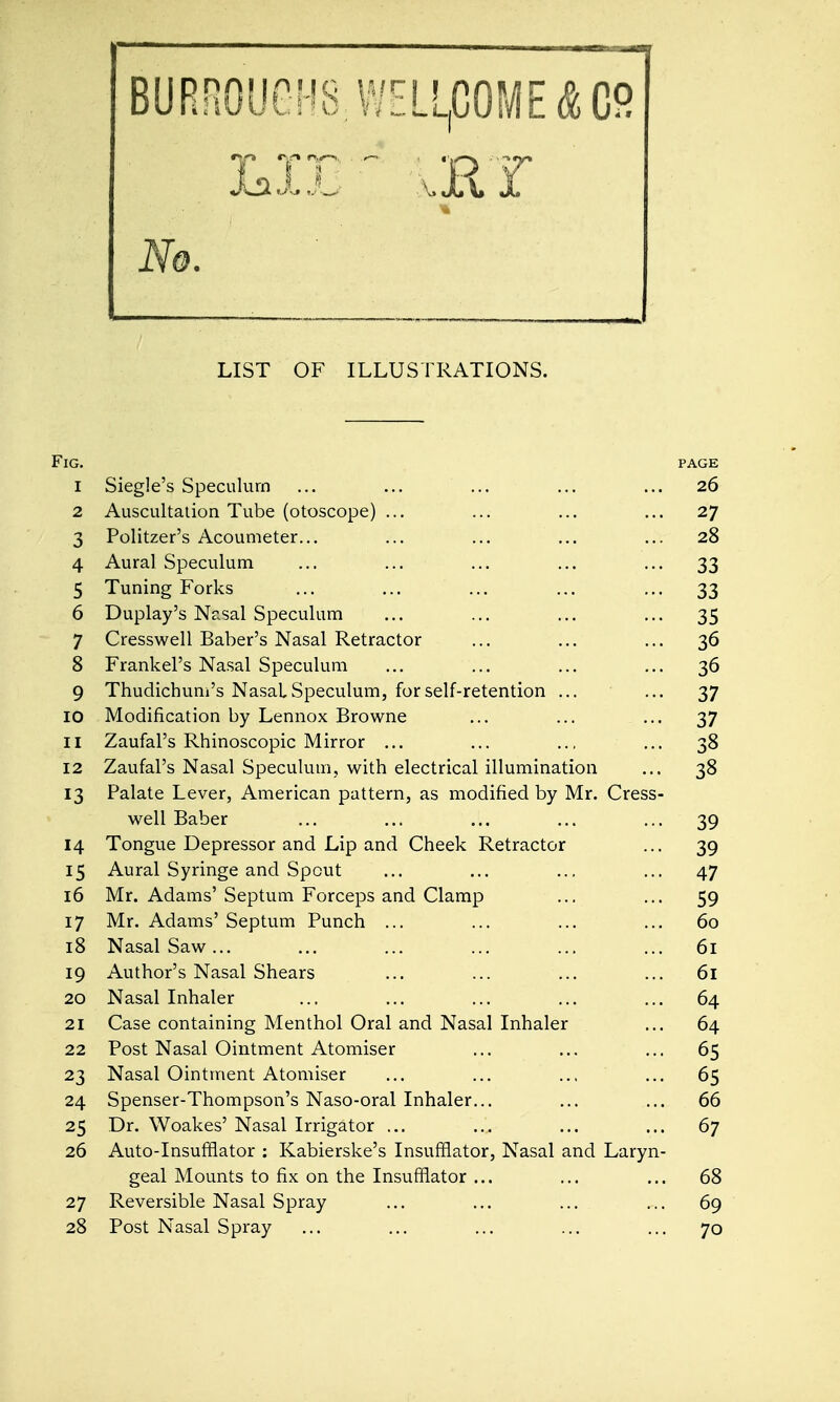 BURROUGHS, WELLCOME & C9 MB- LET LIST OF ILLUSTRATIONS. Fig. page 1 Siegle's Speculum ... ... ... ... ... 26 2 Auscultation Tube (otoscope) ... ... ... ... 27 3 Politzer's Acoumeter... ... ... ... ... 28 4 Aural Speculum ... ... ... ... ... 33 5 Tuning Forks ... ... ... ... ... 33 6 Duplay's Nasal Speculum ... ... ... ... 35 7 Cresswell Baber's Nasal Retractor ... ... ... 36 8 Frankel's Nasal Speculum ... ... ... ... 36 9 Thudichum's Nasal Speculum, for self-retention ... ... 37 10 Modification by Lennox Browne ... ... ... 37 11 Zaufal's Rhinoscopic Mirror ... ... .., ... 38 12 Zaufal's Nasal Speculum, with electrical illumination ... 38 13 Palate Lever, American pattern, as modified by Mr. Cress- well Baber ... ... ... ... ... 39 14 Tongue Depressor and Lip and Cheek Retractor ... 39 15 Aural Syringe and Spout ... ... ... ... 47 16 Mr. Adams' Septum Forceps and Clamp ... ... 59 17 Mr. Adams' Septum Punch ... ... ... ... 60 18 Nasal Saw... ... ... ... ... ... 61 19 Author's Nasal Shears ... ... ... ... 61 20 Nasal Inhaler ... ... ... ... ... 64 21 Case containing Menthol Oral and Nasal Inhaler ... 64 22 Post Nasal Ointment Atomiser ... ... ... 65 23 Nasal Ointment Atomiser ... ... .., ... 65 24 Spenser-Thompson's Naso-oral Inhaler... ... ... 66 25 Dr. Woakes' Nasal Irrigator ... ... ... ... 67 26 Auto-Insufflator : Kabierske's Insufflator, Nasal and Laryn- geal Mounts to fix on the Insufflator ... ... ... 68 27 Reversible Nasal Spray ... ... ... ... 69 28 Post Nasal Spray ... ... ... ... ... 70