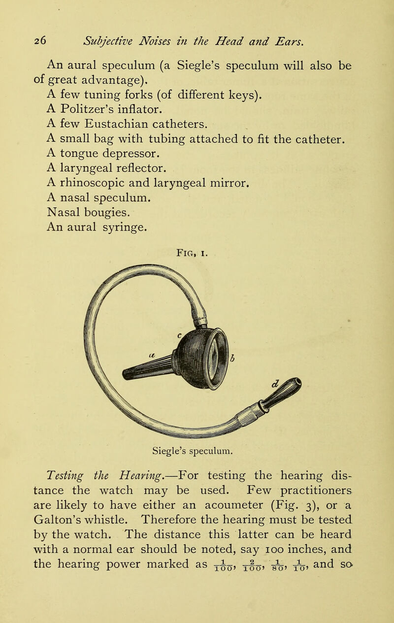 An aural speculum (a Siegle's speculum will also be of great advantage), A few tuning forks (of different keys). A Politzer's inflator. A few Eustachian catheters. A small bag with tubing attached to fit the catheter. A tongue depressor. A laryngeal reflector. A rhinoscopic and laryngeal mirror. A nasal speculum. Nasal bougies. An aural syringe. Fig, i. Siegle's speculum. Testing the Heaving.—For testing the hearing dis- tance the watch may be used. Few practitioners are likely to have either an acoumeter (Fig. 3), or a Galton's whistle. Therefore the hearing must be tested by the watch. The distance this latter can be heard with a normal ear should be noted, say 100 inches, and the hearing power marked as ^-J^, -j-J^, tXq, and so