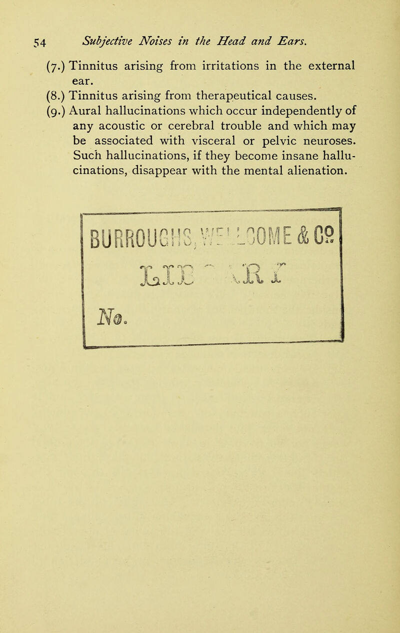 (7.) Tinnitus arising from irritations in the external ear. (8.) Tinnitus arising from therapeutical causes. (9.) Aural hallucinations which occur independently of any acoustic or cerebral trouble and which may be associated with visceral or pelvic neuroses. Such hallucinations, if they become insane hallu- cinations, disappear with the mental alienation. BURROUGHS, V/:\L30ME&C2 Xjc ■xJUx