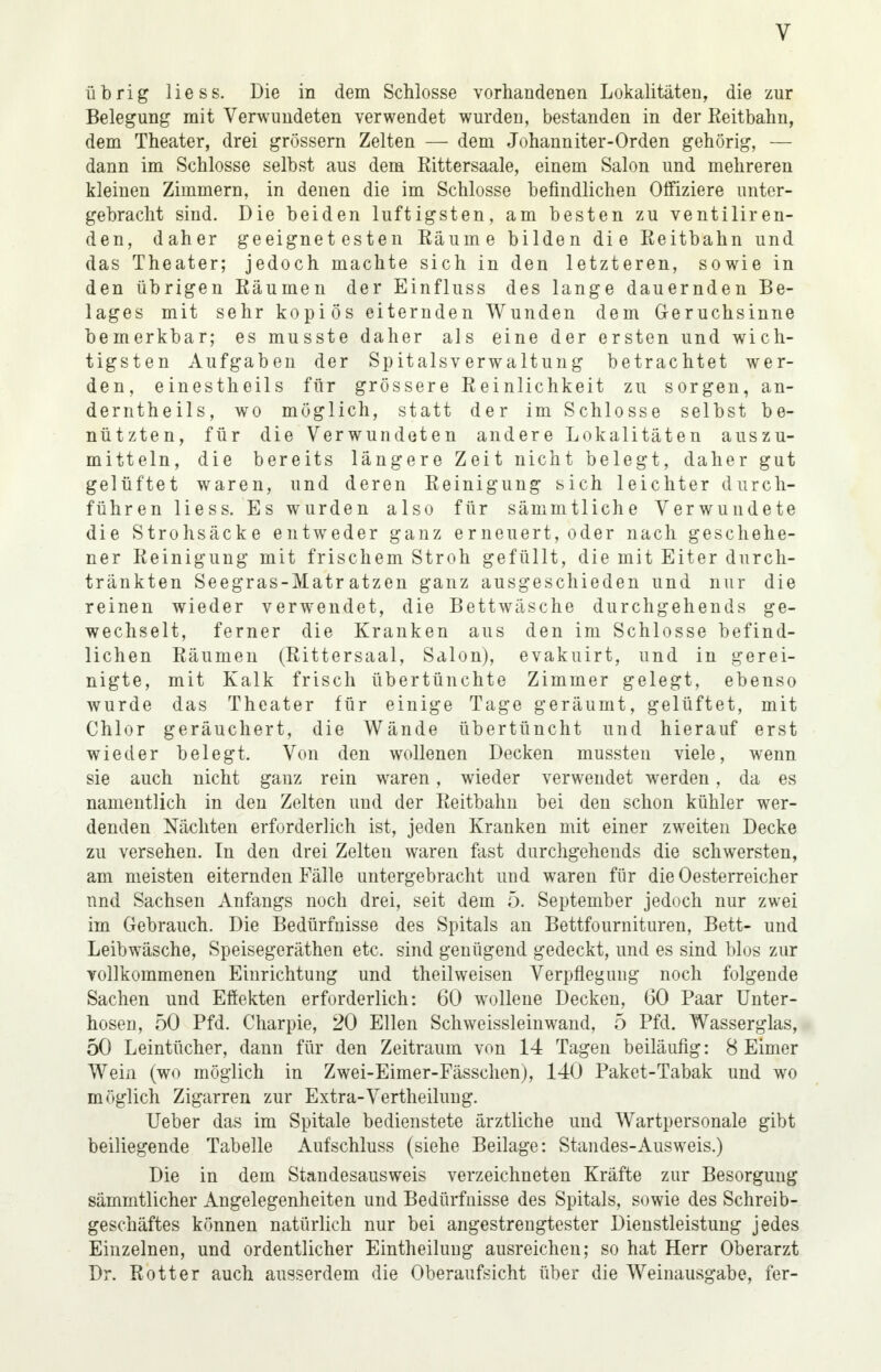 übrig liess. Die in dem Schlosse vorhandenen Lokalitäten, die zur Belegung mit Verwundeten verwendet wurden, bestanden in der Reitbalm, dem Theater, drei grössern Zelten — dem Johanniter-Orden gehörig, — dann im Schlosse selbst aus dem Rittersaale, einem Salon und mehreren kleinen Zimmern, in denen die im Schlosse befindlichen Offiziere unter- gebracht sind. Die beiden luftigsten, am besten zu ventiliren- den, daher geeignetesten Räume bilden die Reitbahn und das Theater; jedoch machte sich in den letzteren, sowie in den übrigen Räumen der Einfluss des lange dauernden Be- lages mit sehr kopiös eiternden Wunden dem Geruchsinne bemerkbar; es musste daher als eine der ersten und wich- tigsten Aufgaben der Spitalsverwaltung betrachtet wer- den, einestheils für grössere Reinlichkeit zu sorgen, an- derntheils, wo möglich, statt der im Schlosse selbst be- nützten, für die Verwundeten andere Lokalitäten auszu- mitteln, die bereits längere Zeit nicht belegt, daher gut gelüftet waren, und deren Reinigung sich leichter durch- führen liess. Es wurden also für sämmtliche Verwundete die Strohsäcke entweder ganz erneuert, oder nach geschehe- ner Reinigung mit frischem Stroh gefüllt, die mit Eiter durch- tränkten Seegras-Matratzen ganz ausgeschieden und nur die reinen wieder verwendet, die Bettwäsche durchgehends ge- wechselt, ferner die Kranken aus den im Schlosse befind- lichen Räumen (Rittersaal, Salon), evakuirt, und in gerei- nigte, mit Kalk frisch übertünchte Zimmer gelegt, ebenso wurde das Theater für einige Tage geräumt, gelüftet, mit Chlor geräuchert, die Wände übertüncht und hierauf erst wieder belegt. Von den wollenen Decken mussten viele, wenn sie auch nicht ganz rein waren, wieder verwendet wrerden, da es namentlich in den Zelten und der Reitbahn bei den schon kühler wer- denden Nächten erforderlich ist, jeden Kranken mit einer zweiten Decke zu versehen. In den drei Zelten waren fast durchgehends die schwersten, am meisten eiternden Fälle untergebracht und waren für die Oesterreicher und Sachsen Anfangs noch drei, seit dem 5. September jedoch nur zwei im Gebrauch. Die Bedürfnisse des Spitals an Bettfournituren, Bett- und Leibwäsche, Speisegeräthen etc. sind genügend gedeckt, und es sind blos zur vollkommenen Einrichtung und theilweisen Verpflegung noch folgende Sachen und Effekten erforderlich: 60 wollene Decken, 60 Paar Unter- hosen, 50 Pfd. Charpie, 20 Ellen Schweissleinwand, 5 Pfd. Wasserglas, 50 Leintücher, dann für den Zeitraum von 14 Tagen beiläufig: 8 Eimer Wein (wo möglich in Zwei-Eimer-Fässchen), 140 Paket-Tabak und wo möglich Zigarren zur Extra-Vertheilung. Ueber das im Spitale bedienstete ärztliche und Wartpersonale gibt beiliegende Tabelle Aufschluss (siehe Beilage: Standes-Ausweis.) Die in dem Standesausweis verzeichneten Kräfte zur Besorgung sämmtlicher Angelegenheiten und Bedürfnisse des Spitals, sowie des Schreib- geschäftes können natürlich nur bei angestrengtester Dienstleistung jedes Einzelnen, und ordentlicher Eintheilung ausreichen; so hat Herr Oberarzt Dr. Rott er auch ausserdem die Oberaufsicht über die Weinausgabe, fer-