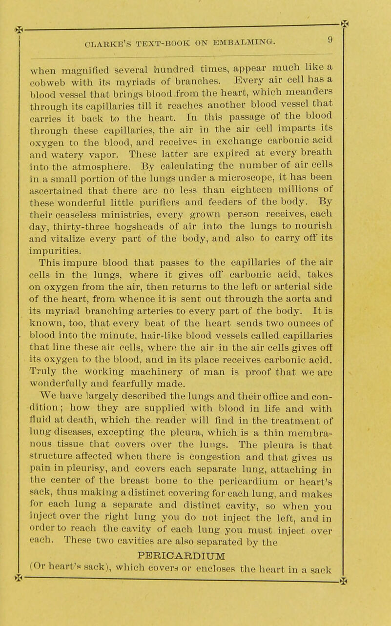 when magnified several hundred times, appear much like a cobweb with its myriads of branches. Every air cell has a blood vessel that brings blood.from the heart, which meanders through its capillaries till it reaches another blood vessel that carries it back to the heart, In this passage of the blood through these capillaries, the air in the air cell imparts its oxygen to the blood, and receives in exchange carbonic acid and watery vapor. These latter are expired at every breath into the atmosphere. By calculating the number of air cells in a small portion of the lungs under a microscope, it has been ascertained that there are no less than eighteen millions of these wonderful little purifiers and feeders of the body. By their ceaseless ministries, every grown person receives, each day, thirty-three hogsheads of air into the lungs to nourish and vitalize every part of the body, and also to carry off its impurities. This impure blood that passes to the capillaries of the air cells in the lungs, where it gives off carbonic acid, takes on oxygen from the air, then returns to the left or arterial side of the heart, from whence it is sent out through the aorta and its myriad branching arteries to every part of the body. It is known, too, that every beat of the heart sends two ounces of blood into tbe minute, hair-like blood vessels called capillaries that line these air cells, where the air in the air cells gives off its oxygen to the blood, and in its place receives carbonic acid. Truly the working machinery of man is proof that we are wonderfully and fearfully made. We have largely described the lungs and their office and con- dition ; how they are supplied with blood in life and with fluid at death, which the reader will find in the treatment of lung diseases, excepting the pleura, which is a thin membra- nous tissue that covers oyer the lungs. The pleura is that structure affected when there is congestion and that gives us pain in pleurisy, and covers each separate lung, attaching in the center of the breast bone to the pericardium or heart's sack, thus making a distinct covering for each lung, and makes for each lung a separate and distinct cavity, so when you inject over the right lung you do not inject the left, and in order to reach the cavity of each lung you must inject over 'nil. These two cavities are also separated by the PERICARDIUM (Or heart's sack), which covers or encloses the heart in a sack