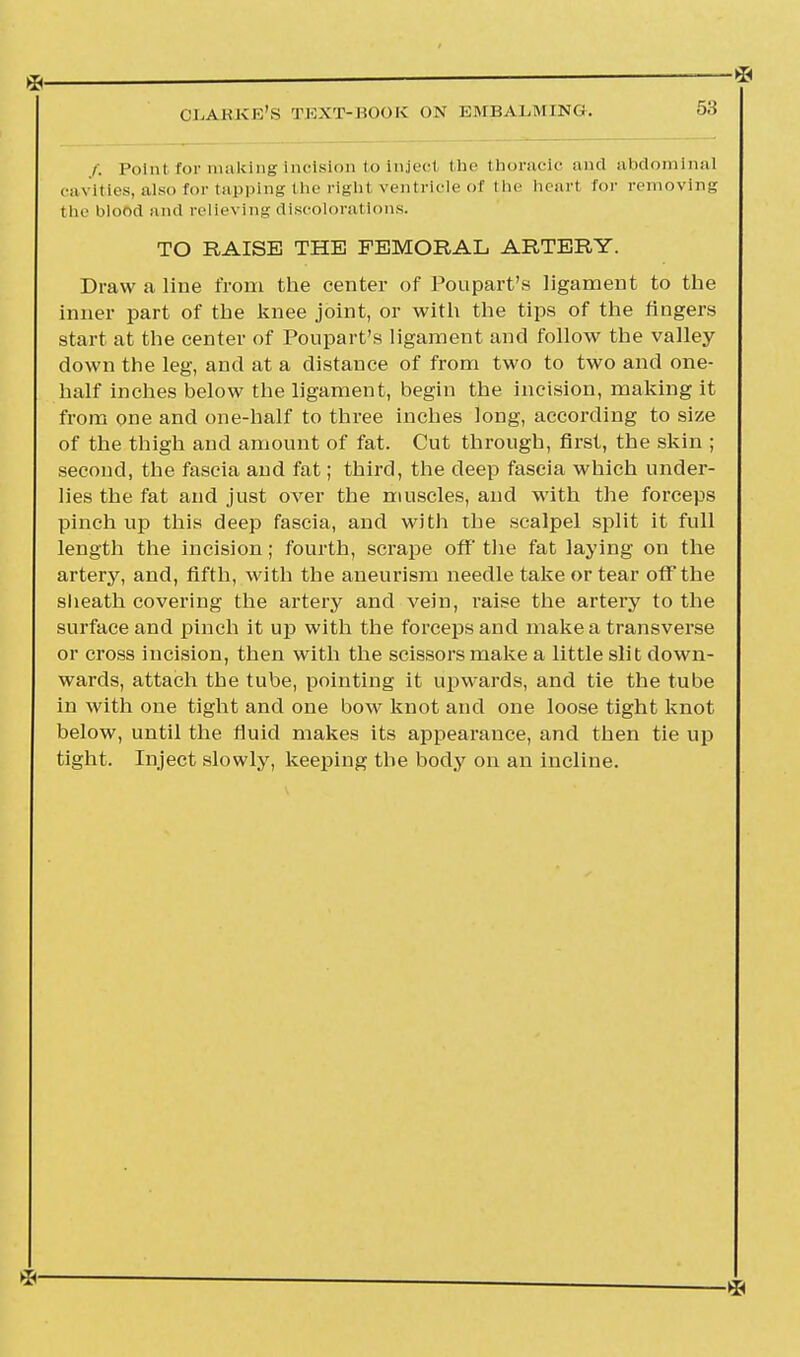/. Point for making incision to injecl the thoracic and abdominal cavities, also for tapping the righl ventricle of the heart for removing the blood and relieving discolorations. TO RAISE THE FEMORAL ARTERY. Draw a line from the center of Poupart's ligament to the inner part of the knee joint, or with the tips of the fingers start at the center of Poupart's ligament and follow the valley- down the leg, and at a distance of from two to two and one- half inches below the ligament, begin the incision, making it from one and one-half to three inches long, according to size of the thigh and amount of fat. Cut through, first, the skin ; second, the fascia and fat; third, the deep fascia which under- lies the fat and just over the muscles, and with the forceps pinch up this deep fascia, and with the scalpel split it full length the incision; fourth, scrape off the fat laying on the artery, and, fifth, with the aneurism needle take or tear off the sheath covering the artery and vein, raise the artery to the surface and pinch it up with the forceps and make a transverse or cross incision, then with the scissors make a little slit down- wards, attach the tube, pointing it upwards, and tie the tube in with one tight and one bow knot and one loose tight knot below, until the fluid makes its appearance, and then tie up tight. Inject slowly, keeping the body on an incline.