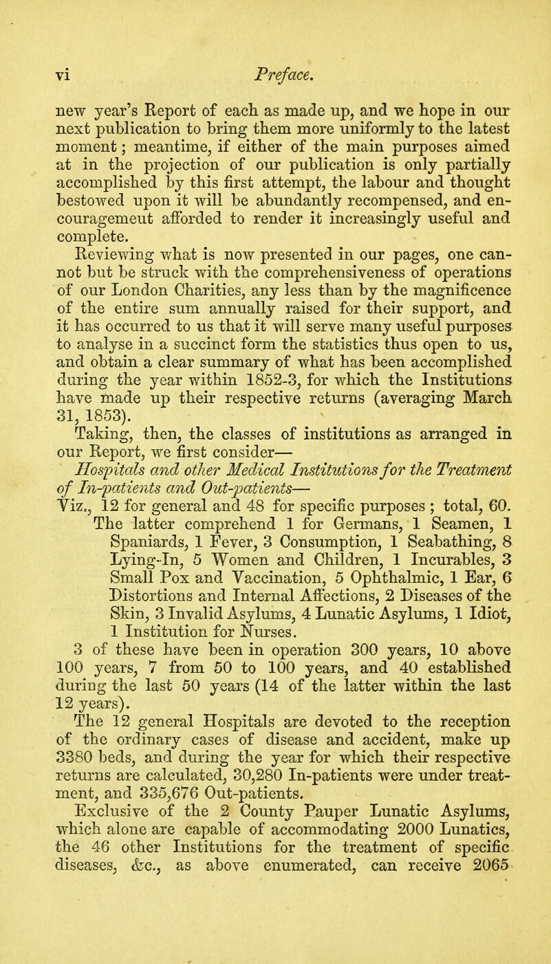 new year's Report of each as made up, and we hope in our next publication to bring them more uniformly to the latest moment; meantime, if either of the main purposes aimed at in the projection of our publication is only partially accomplished by this first attempt, the labour and thought bestowed upon it will be abundantly recompensed, and en- couragement afforded to render it increasingly useful and complete. Reviewing v/hat is now presented in our pages, one can- not but be struck with the comprehensiveness of operations of our London Charities, any less than by the magnificence of the entire sum annually raised for their support, and it has occurred to us that it will serve many useful purposes to analyse in a succinct form the statistics thus open to us, and obtain a clear summary of what has been accomplished during the year within 1852-3, for which the Institutions have made up their respective returns (averaging March 31, 1853). Taking, then, the classes of institutions as arranged in our Report, we first consider— Hospitals and other Medical Institutions for the Treatment of In-'patients and Out-patients— Viz,, 12 for general and 48 for specific purposes ; total, 60. The latter comprehend 1 for Germans, 1 Seamen, 1 Spaniards, 1 Fever, 3 Consumption, 1 Seabathing, 8 Lying-in, 5 Women and Children, 1 Incurables, 3 Small Pox and Vaccination, 5 Ophthalmic, 1 Ear, 6 Distortions and Internal Affections, 2 Diseases of the Skin, 3 Invalid Asylums, 4 Lunatic Asylums, 1 Idiot, 1 Institution for Nurses. 3 of these have been in operation 300 years, 10 above 100 years, 7 from 50 to 100 years, and 40 established during the last 50 years (14 of the latter within the last 12 years). The 12 general Hospitals are devoted to the reception of the ordinary cases of disease and accident, make up 3380 beds, and during the year for which their respective returns are calculated, 30,280 In-patients were under treat- ment, and 335,676 Out-patients. Exclusive of the 2 County Pauper Lunatic Asylums, which alone are capable of accommodating 2000 Lunatics, the 46 other Institutions for the treatment of specific diseases, &c., as above enumerated, can receive 2065