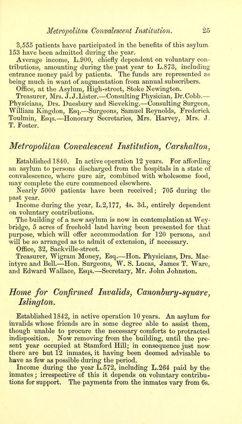 3,555 patients have participated in the benefits of this asylum. 153 have been admitted during the year. Average income, L.900, chiefly dependent on voluntary con- tributions, amounting during the past year to L.873, including entrance money paid by patients. The funds are represented as being much in want of augmentation from annual subscribers. Office, at the Asylum, High-street, Stoke Newington. Treasurer, Mrs. J.J.Lister.—Consulting Physician, Dr.Cobb.— Physicians, Drs. Duesbury and Sieveking.—Consulting Surgeon, William Kingdon, Esq.—Surgeons, Samuel Reynolds, Frederick Toulmin, Esqs.—Honorary Secretaries, Mrs. Harvey, Mrs. J. T. Foster. Metropolitan Convalescent Institution, Carshalton, Established 1840. In active operation 12 years. For affording an asylum to persons discharged from the hospitals in a state of convalescence, where pure air, combined with wholesome food, may complete the cure commenced elsewhere. Nearly 5000 patients have been received; 705 during the past year. Income during the year, L.2,177, 4s. 3d., entirely dependent on voluntary contributions. The building of a new asylum is now in contemplation at Wey- bridge, 5 acres of freehold land having been presented for that purpose, which will offer accommodation for 120 persons, and will be so arranged as to admit of extension, if necessary. Office, 32, Sackville-street. Treasurer, Wigram Money, Esq.—Hon. Physicians, Drs. Mac - intyre and Bell.—Hon. Surgeons, W. S. Lucas, James T. Ware, and Edward Wallace, Esqs.—Secretary, Mr. John Johnston. Home for Confirmed Invalids, Canonbury-square, Islington. Established 1842, in active operation 10 years. An asylum for invalids whose friends are in some degree able to assist them, though unable to procure the necessary comforts to protracted indisposition. Now removing from the building, until the pre- sent year occupied at Stamford Hill; in consequence just now there are but 12 inmates, it having been deemed advisable to have as few as possible during the period. Income during the year L.572, including L.264 paid by the inmates ; irrespective of this it depends on voluntary contribu- tions for support. The payments from the inmates vary from 6s.