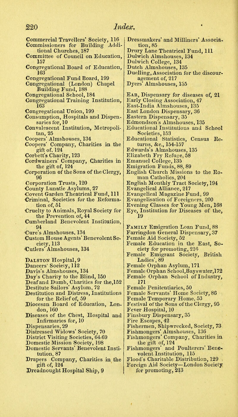 Commercial Travellers' Society, 116 Commissioners for Building Addi- tional Churches, 187 Committee of Council on Education, 157 Congregational Board of Education, 163 Congregational Fund Board, 199 Congregational (London) Chapel Building Fund, 188 Congregational School, 184 Congregational Training Institution, 163 Congregational Union, 199 Consumption, Hospitals and Dispen- saries for, 10 Convalescent Institution, Metropoli- tan, 25 Coopers' Almshouses, 134 Coopers' Company, Charities in the gift of. 124 Corbett's Charity, 123 Cordwainers' Company, Charities in the gift of, 124 'Corporation of the Sons of the Clergy, 96 Corporation Trusts, 120 County Lunatic Asylums, 27 Covent Garden Theatrical Fund, 111 <3riminal, Societies for the Reforma- tion of, 51 Cruelty to Animals, Royal Society for the Prevention of, 44 Cumberland Benevolent Institution, 94 'Cure's Almshouses, 134 Custom House Agents' Benevolent So- ciety, 113 Cutlers' Almshouses, 134 Dalston Hospital, 9 Dancers' Socieiy, 112 Davis's Almshouses, 134 Day's Charily to the Blind, 150 Deaf and Dumb, Charities for the,152 Destitute Sailors' Asylum. 72 Destitution and Distress, Institutions for the Relief of, 59 Diocesan Board of Education, Lon- don, 160 Diseases of the Chest, Hospital and Infirmaries for, 10 Dispensaries, 29 Distressed Widows' Society, 70 District Visiting Societies, 64-69 Domestic Mission Society, 198 Domestic Servants' Benevolent Insti- tution, 87 Drapers Company, Charities in the gift of, 124 Dreadnought Hospital Ship, 9 Dressmakers' and Milliners' Associa- tion, 85 Drury Lane Theatrical Fund, 111 Dulwich Almshouses, 134 Dulvi^ich College, 134 Dutch Almshouses, 135 Duelling, Association for the discour- agement of, 217 Dyers' Almshouses, 155 Ear, Dispensary for diseases of, 21 Early Closing Association, 47 East-India Almshouses, 135 East London Dispensary, 36 Eastern Dispensary, 35 Edmondson's Almshouses, 135 Educational Institutions and School Societies, 153 Educational Statistics, Census Re- turns, &c., 154-157 Edwards's Almshouses, 135 Elizabeth Fry Refuse, 58 Emanuel College, 135 Emigration Funds, 88, 89 English Church Missions to the Ro- man Catholics, 204 English Monthly Tract Society, 194 Evangelical Alliance, 217 Evangelical Magazine Fund, 99 Evangelisation of Foreigners, 200 Evening Classes for Young Men, 168 Eye, Institution for Diseases of the, 19 Family Emigration Loan Fund, 88 Farringdon General Dispensary, 37 Female Aid Society, 52 Female Education in the East, So- ciety for promoting, 216 Female Emigrant Society, British Ladies', 89 Female Orphan Asylum, 171 Female Orphan School,Bayswater,172 Female Orphan School of Industry, 171 Female Penitentiaries, 50 Female Servants' Home Society, 86 Female Temporary Home, 53 Festival of the Sons of the Clergy, 95 Fever Hospital, 10 Fiusbury Dispensary, 35 Fire Escapes, 42 Fishermen, Shipwrecked, Society, 73 Fishmongers' Almshouses, 136 Fishmongers' Company, Charities in the gift of, 124 Fishmongers' and Poulterers' Bene- volent Institution, 115 Flood's Charitable Distribution, 129 Foreign Aid Society—London Socieiy for promoting, 213