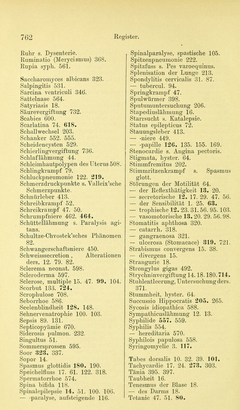 Ruhr s. Dysenterie. Ruminatio (Merycismus) 368. Rupia syph. 561. Saccharomyces albicans 323. Salpingitis 531. Sarcina ventriculi 346. Sattelnase 564. Satyriasis 18. Säurevergiftung 732. Scabies 600. Scarlatina 74. 618. Schallwechsel 203. Schanker 552. 555. Scheidencysten 529. Schierling Vergiftung 736. Schlaflähmung 44. Schleimhautpolypen des Uterus 508. Schlingkrampf 79. Schluckpneumonie 122. 219. Schmerzdruckpunkte s. Valleix'sche Schmerzpunkte, Schnürleber 413. Schreibkrampf 52. Schreikrampf 47. 50. Schrumpfniere 462. 464. Schüttellähmung s. Paralysis agi- tans. Schultze-Chvostek'sches Phänomen 82. Schwangerschaftsniere 450. Schweisssecretion, Alterationen ders. 12. 79. 82. Sclerema neonat. 598. Scleroderma 597. Sclerose, multiple 15. 47. 99. 104. Scorbut 133. 724. Scrophulose 708. Seborrhoe 586. Seelenblindheit 128. 148. Sehnervenatrophie 100. 103. Sepsis 89. 131. Septicopyämie 670. Siderosis pulmon. 232. Singultus 51. Sommersprossen 595. Soor 323. 337. Sopor 14. Spasmus glottidis 180. 190. Speichelfluss 17. 61. 122. 318. Spermatorrhoe 574. Spina bifida 118. Spinalepilepsie 14. 51. 100. 106. paralyse, aufsteigende 116. Spinalparalyse, spastische 105. Spitzenpneumonie 222. Spitzfuss s. Pes varoequinus. Splenisation der Lunge 213. Spondylitis cervicalis 31. 87. — tubercul. 94. Springkrampf 47. Spulwürmer 398. Sputumuntersuchung 206. Stapediuslähmung 16. Starrsucht s. Katalepsie. Status ei3ilepticus 72. Stauungsleber 413. — -niere 449. — -Papille 126. 135. 155. 169. Stenocardie s. Angina pectoris. Stigmata, hyster. 64. Stimmfremitus 202. Stimmritzenkrampf s. Spasmus glott. Störungen der Motilität 64. — der Reflexthätigkeit 13. 20. — secretorische 12. 17. 29. 47. 56. — der Sensibilität 1. 25. 63. — trophische 12. 23. 31. 56. 95. 103. — vasomotorische 13. 20. 29. 56.98. Stomatitis aphthosa 320. — catarrh. 318. — gangraenosa 321. — ulcerosa (Stomacace) 319. 721. Strabismus convergens 15. 38. — divergens 15. Strangurie 18. Strongylus gigas 492. Strychninvergiftung 14.18.180.714. Stuhlentleerung, Untersuchung ders. 371. Stummheit, hyster. 64. Succussio Hippocratis 205. 265. Sycosis idiopathica' 588. Sympathicuslähmung 12. 13. Syphilide 557. 559. Syphilis 554. — hereditaria 570. Syphilois papulosa 558. Syringomyelie 3. 117. Tabes dorsalis 10. 32. 39. 101. Tachycardie 17. 24. 273. 303. Tänia 395. 397. Taubheit 16. Tenesmus der Blase 18. — des Darms 18. Tetanie 47. 51. 80.