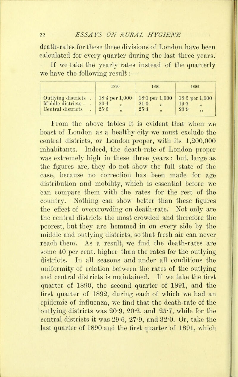 death-rates for these three divisions of London have been calculated for every quarter during the last three 3^ears. If we take the yearly rates instead of the quarterly we have the following result: — 1890 1891 1892 Outlying districts . Middle districts . . Central districts 18-4 per 1,000 20-4 „ 2o-6 18-1 per 1,000 21-0 25-4 18- 5 per 1,000 19- 7 23-9 From the above tables it is evident that when we boast of London as a healthy city we must exclude the central districts, or London proper, with its 1,200,000 inhabitants. Indeed, the death-rate of London proper was extremely high in these three years ; but, large as the figures are, they do not show the full state of the case, because no correction has been made for age distribution and mobility, which is essential before we can compare them with the rates for the rest of the country. Nothing can show better than these figures the effect of overcrowding on death-rate. Not only are the central districts the most crowded and therefore the poorest, but they are hemmed in on every side by the middle and outlying districts, so that fresh air can never reach them. As a result, we find the death-rates are some 40 per cent, higher than the rates for the outlying districts. In all seasons and under all conditions the uniformity of relation between the rates of the outlying and central districts is maintained. If we take the first quarter of 1890, the second quarter of 1891, and the first quarter of 1892, during each of which we had an epidemic of influenza, we find that the death-rate of the outlying districts w^as 20-9, 20-2, and 25'7, while for the central districts it was 29'6, 27*9, and 32-0. Or, take the last quarter of 1890 and the first quarter of 1891, which