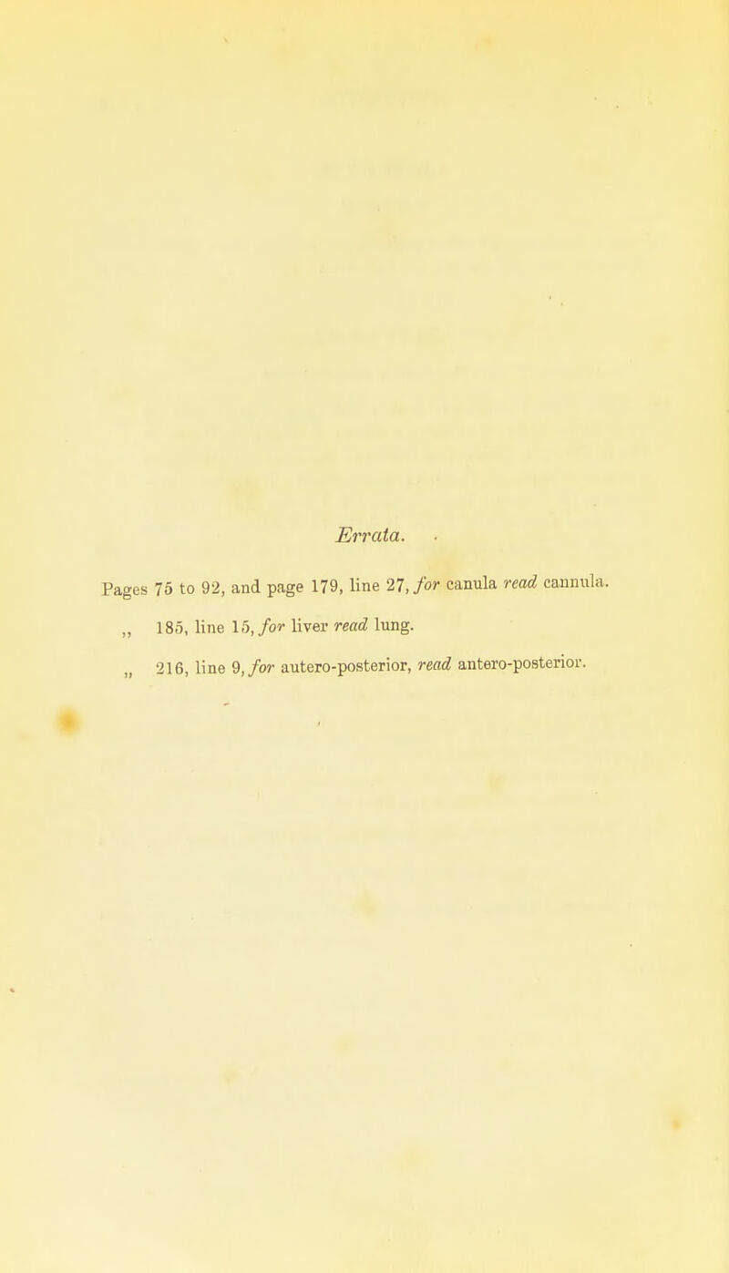 Errata. Pages 75 to 92, and page 179, line 27, for canula read cannula. „ 185, line 15, for liver read lung.