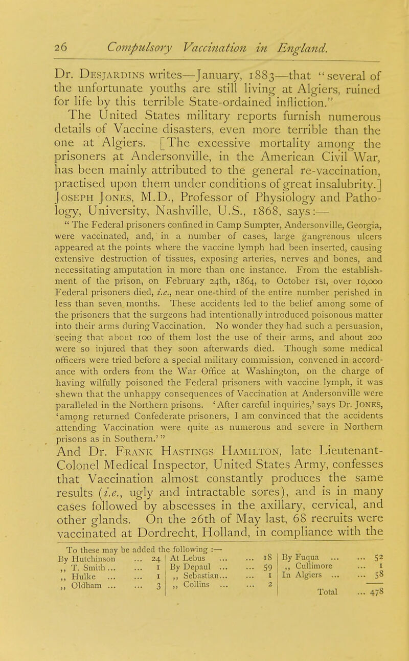 Dr. Desjardtns writes—January, 1883—that several of the unfortunate youths arc still living at Algiers, ruined for life by this terrible State-ordained infliction. The United States military reports furnish numerous details of Vaccine disasters, even more terrible than the one at Algiers. [The excessive mortality among the prisoners ^.t Andersonville, in the American Civil War, has been mainly attributed to the general re-vaccination, practised upon them under conditions of great insalubrity.] Joseph Jones, M.D., Professor of Physiology and Patho- logy, University, Nashville, U.S., 1868, says:—  The Federal prisoners confined in Camp Sumpter, Andersonville, Georgia, were vaccinated, and, in a number of cases, large gangrenous ulcers appeared at the points where the vaccine lymph had been inserted, causing extensive destruction of tissues, exposing arteries, nerves and bones, and necessitating amputation in more than one instance. From the establish- ment of the prison, on February 24th, 1864, to October ist, over 10,000 Federal prisoners died, i.e., near one-third of the entire number perished in less than seven months. These accidents led to the belief among some of the prisoners that the surgeons had intentionally introduced poisonous matter into their arms during Vaccination. No wonder they had such a persuasion, seeing that about 100 of them lost the use of their arms, and about 200 were so injured that they soon afterwards died. Though some medical officers were tried before a special military commission, convened in accord- ance with orders from the War Office at Washington, on the charge of having wilfully poisoned the Federal prisoners with vaccine lymph, it was shewn that the unhappy consequences of Vaccination at Andersonville were paralleled in the Northern prisons. 'After careful inquiries,' says Dr. JONES, 'among returned Confederate prisoners, I am convinced that the accidents attending Vaccination were quite as numerous and severe in Northern prisons as in Southern.'  And Dr. Frank Hastings Hamilton, late Lieutenant- Colonel Medical Inspector, United States Army, confesses that Vaccination almost constantly produces the same results {i.e., ugly and intractable sores), and is in many cases follov^ed by abscesses in the axillary, cervical, and other glands. On the 26th of May last, 68 recruits were vaccinated at Dordrecht, Holland, in compliance with the To these may be added the following :— By Hulchinson ... 24 I At Lebus ,, T. Smilh I By Depaul .. ,, I-Iulke I ,, Sebastian.. ,, Oldham 3 Collins 18 59 I 2 By Fuqua ,, Cullimore In Algiers ... Total 52 I 58 478