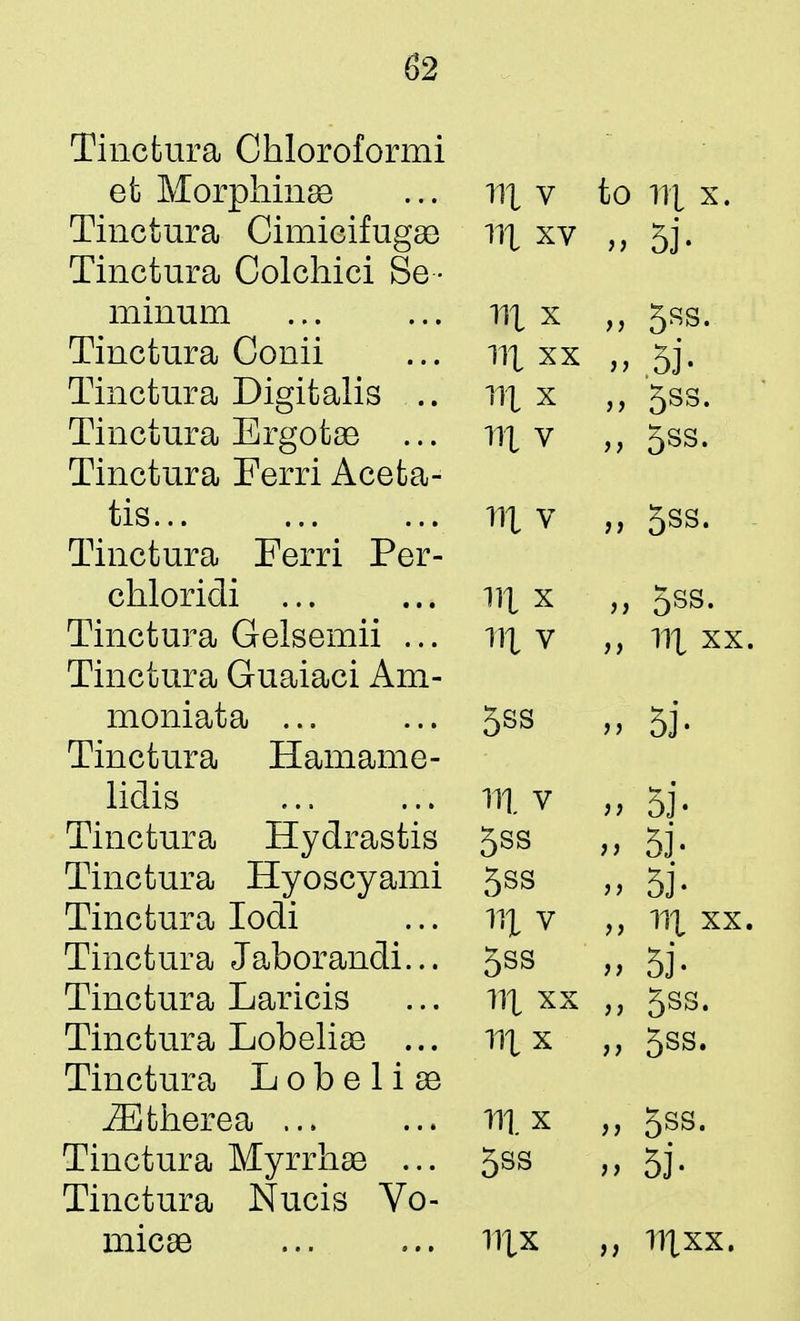 Tinctura Ohloroformi et Morphinee Tinctura Cimicifugae Tinctura Colchici Se- minum Tinctura Conii Tinctura Digitalis .. Tinctura Ergotae ... Tinctura Perri Aceta- tis... Tinctura Ferri Per- chloridi ... Tinctura Geisemii ... Tinctura Guaiaci Am- moniata ... Tinctura Hamame- lidis Tinctura Hydrastis Tinctura Hyoscyami Tinctura Iodi Tinctura Jaborandi... Tinctura Laricis Tinctura Lobeliae ... Tinctura L o b e 1 i ae iEtherea Tinctura Myrrhae ... Tinctura Nucis Vo- micae 111 v to 111 X- 111 XV 5j. 111 x 3 3 5ss. 111 xx 3 3 ,5j- HI x 33 5ss. m v i) 5ss. 111 v 33 5ss. 111 x 33 5ss. 111 v 111 xx- 5ss 5j- m. v 5j. 5ss 5J- 5ss 33 5j. ill v 33 ill xx» 5ss 5j. 111 xx 33 5ss. 111 x 33 5ss. 111 x 33 5ss. 5ss 3 3 53 • iilx 3) ir|xx.