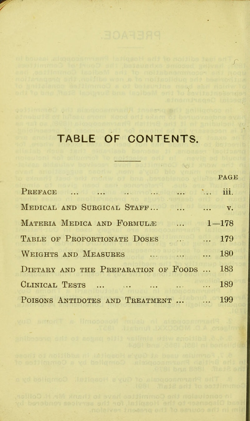 TABLE OF CONTENTS. PAGE Preface ... ... ... ... ... \.. iii. Medical and Surgical Staff v. Materia Medica and Formula ... 1—178 Table of Proportionate Doses 179 Weights and Measures 180 Dietary and the Preparation of Poods ... 183 Clinical Tests ... 189 Poisons Antidotes and Treatment 199