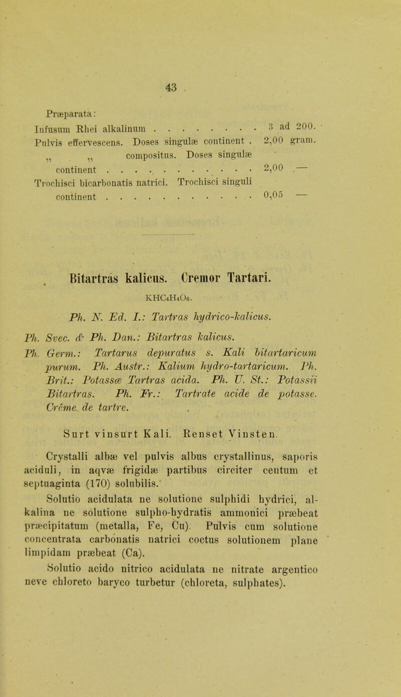 Praeparata: Iiifusum Rhei alkalinum 3 ad 200. Pulvis effervescens. Doses singulae coutinent . 2,00 gram. „ compositus. Doses singulae continent • • • 2,00 Trochisci bicarbonatis natrici. Trochisci singuli continent 0,05 Bitartras kalicus. Cremor Tartari. KHC4H4O0. Ph. N. Ed. L: Tartras hydrico-halicus. Ph. Svec. <$• Ph. Dan.: Bitartras l-alicus. Ph. Germ.: Tartarus depuratus s. Kali bitartaricum purum. Ph. Austr.: Kalium hydro-tartaricum. Ph. Brit: Potassce Tartras acida. Ph. U. St.: Potassii Bitartras. Ph. Fr.: Tartrate acide de potasse. Creme de tartre. Surt vinsurt Kali. Renset Viusten. Crystalli albae vel pulvis albus crystallinus, saporis aciduli, in aqv»3 firigidse partibus ciroiter centum et septuaginta (170) solubilis. Solutio acidulata ne solutione sulphidi hydrici, al- kalina ne solutione sulpho-hydratis ammonici prsebeat pr*cipitatum (metalla, Fe, Cu). Pulvis cum solutione concentrata carbonatis natrici coctus solutionem plane lirnpidam prsebeat (Ca). .Solutio acido nitrico acidulata ne nitrate argentico neve chloreto baryco turbetur (chloreta, sulphates).