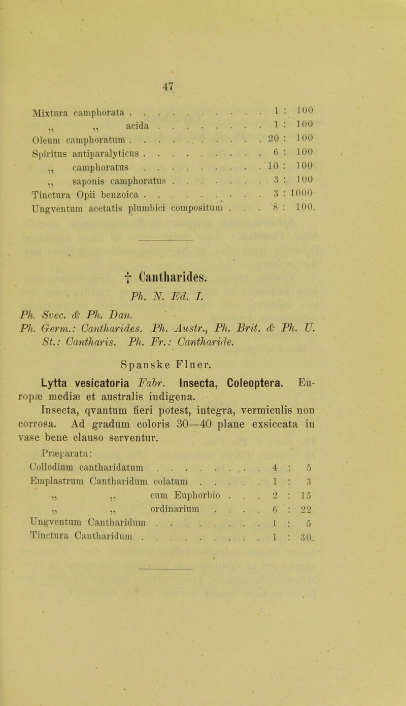 Mixtura camphorata 1:100 acida . . 1 : 100 Olenm camphoratum 20 : 100 Spiritus antiparalyticus 6 : 100 „ camphoratus 10 : 100 „ saponis caniphoratus 3 : 100 Tinctura Opii benzoica 3 : 1000 Ungventnm acetatis plumbici compositum . . . 8 : 100. f Cantharides. Ph. N. Ed. I. Ph. Svec. & Ph. Dan. Ph. Germ.: Cantharides. Ph. Austr., Ph. Brit. & Ph. U. St.: Cantharis. Ph. Fr.: Cantharide. Spanske Fluer. Lytta vesicatoria Fabr. Insecta, Coleoptera. Eu- rop;e mediae et australis indigena. Insecta, qvantum fieri potest, integra, vermiculis non corrosa. Ad gradum coloris 30—40 plane exsiccata in vase bene clauso serventur. Prteparata: Collodium cantharidatum 4 .: 5 Emplastrum Cantharidum colatum 1 : 3 „ „ cum Euphorbio . . . 2 : 15 „ „ ordinarium .... (V : 22 Ungventnm Cantharidum 1 : 5 Tinctura Cantharidum 1 : 30.